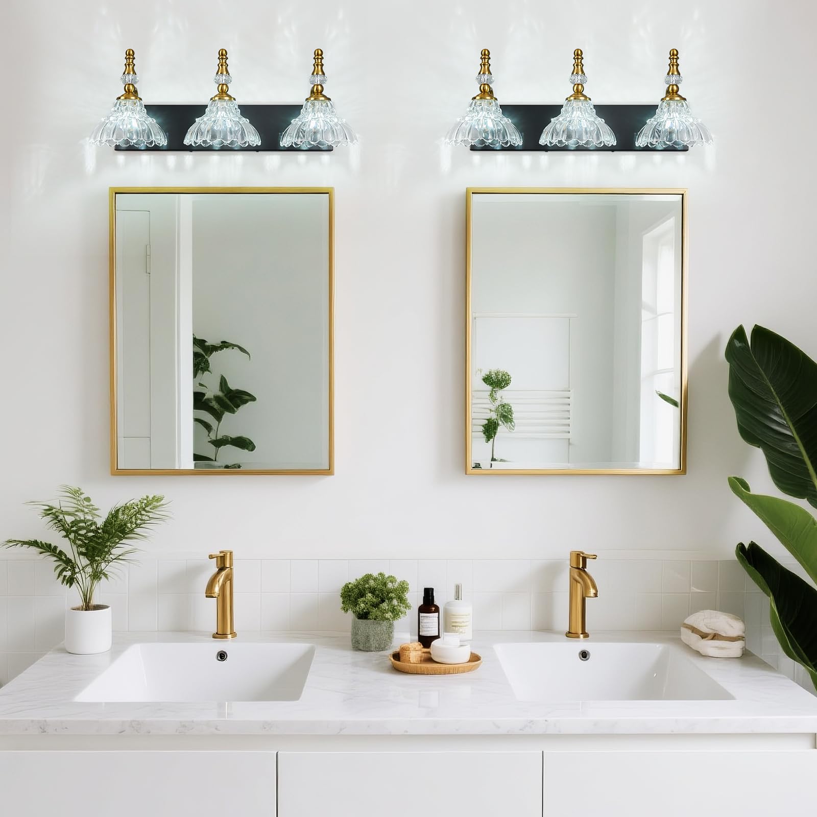 Lbsqj Vintage Bathroom Vanity Light  3-Light Black Gold Vanity Lighting Fixture With Flower Glass Shade  Bathroom Lighting Fixtures Over Mirror