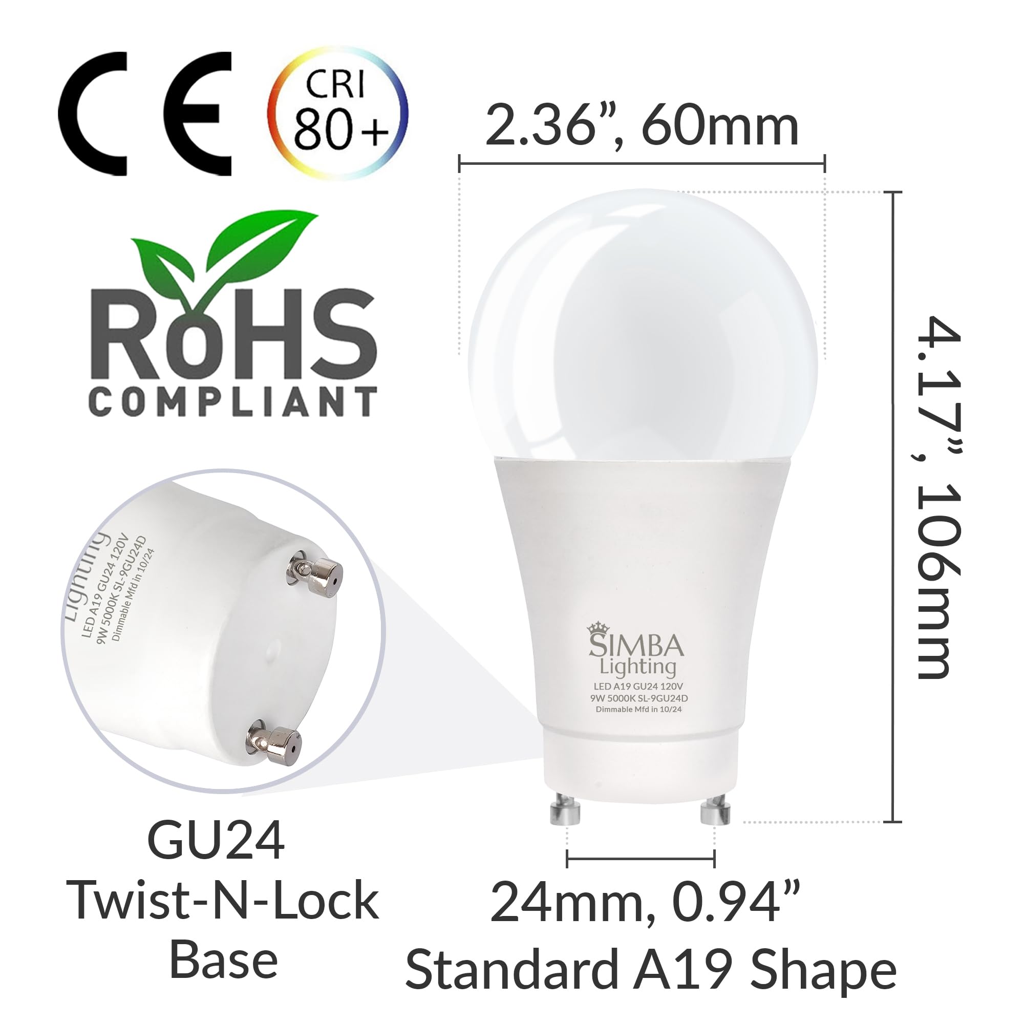 Simba Lighting Led Gu24 A19 Light Bulb 9W 60W To 75W Replacement (4 Pack) 120V 2 Prong Twist And Lock Base For Ceiling Lights, P