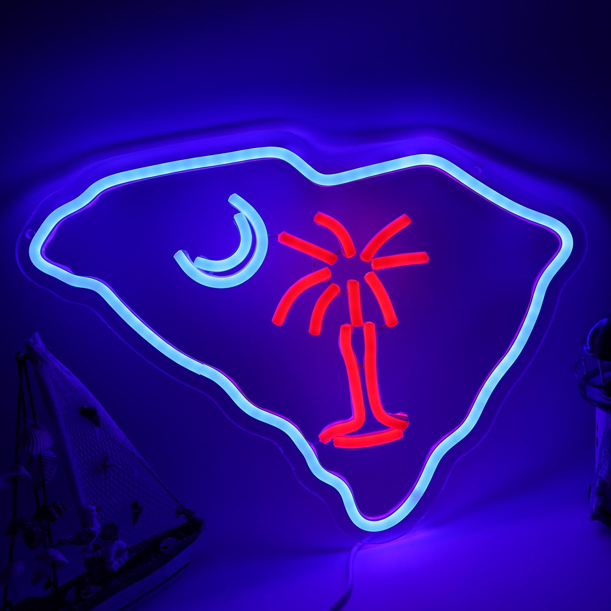 South Carolina Flag Neon Light Sign Palmetto Tree Moon Neon Sign USB Powered for Room Decor S.C. Flag LED wall sign Tree moon Neon Signs Led Neon Light sign for Wall Decor Game Room Man Cave Pub Party Birthday Gifts 15.32*11.6 Inch