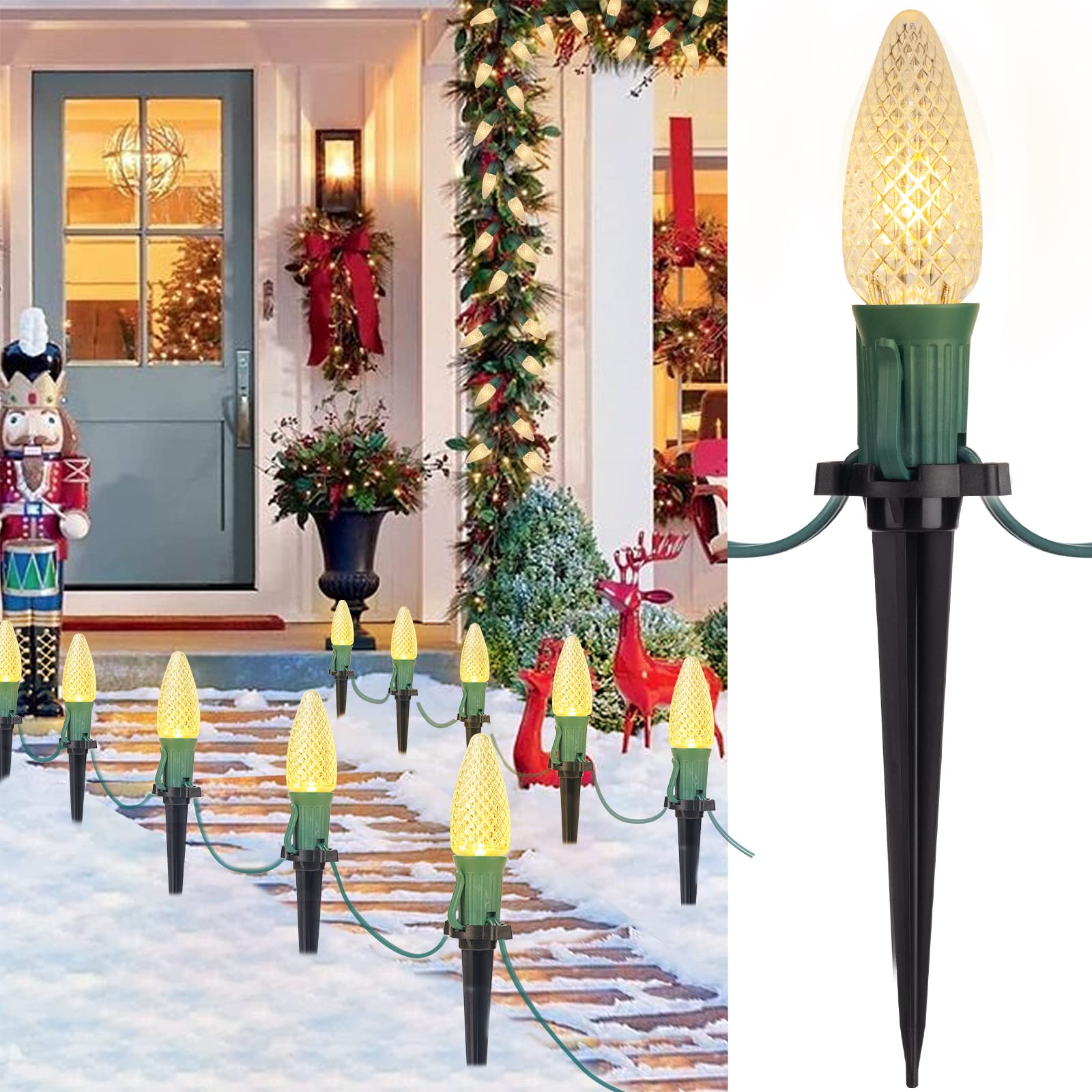 C9 Christmas String Lights Outdoor - 20 LED Pathway Light with Strawberry Shell and Stake Connectable Warm White High Voltage Wa
