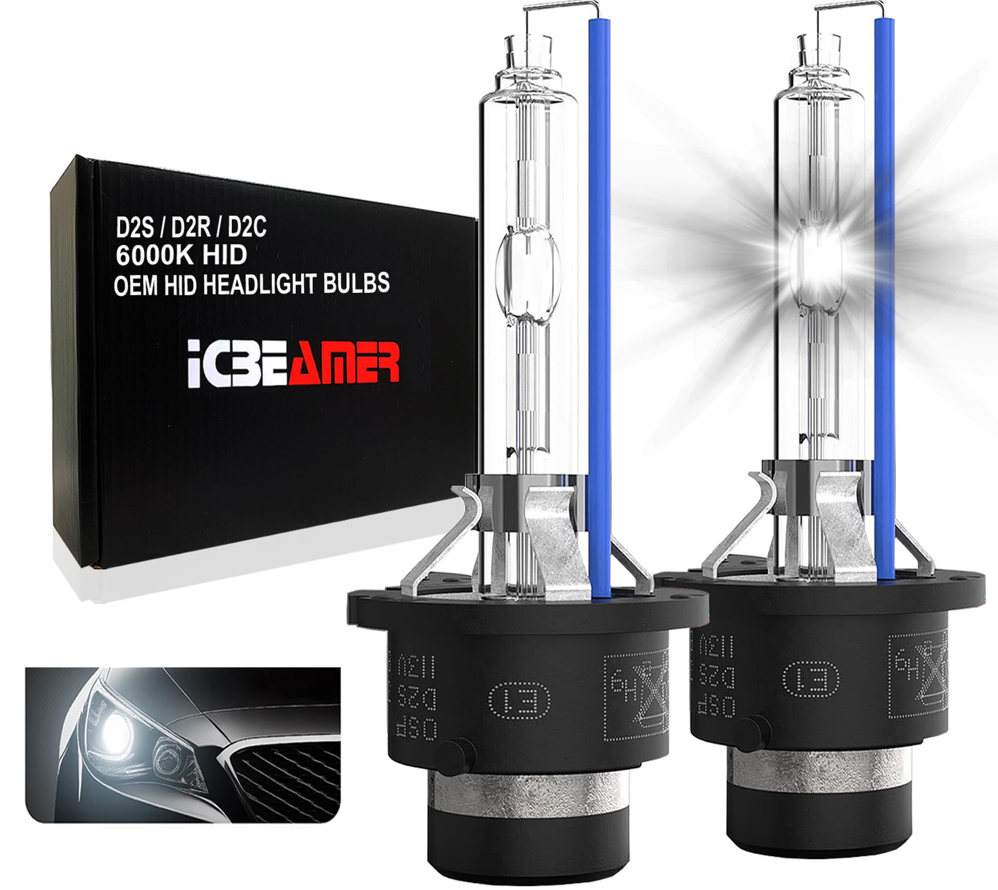ICBEAMER 6000K D2S D2C D2R Xenon HID | Direct Plugin | Replace 66040, 66240, 85122 OEM Headlight Low Beam Light Bulbs | [Diamond