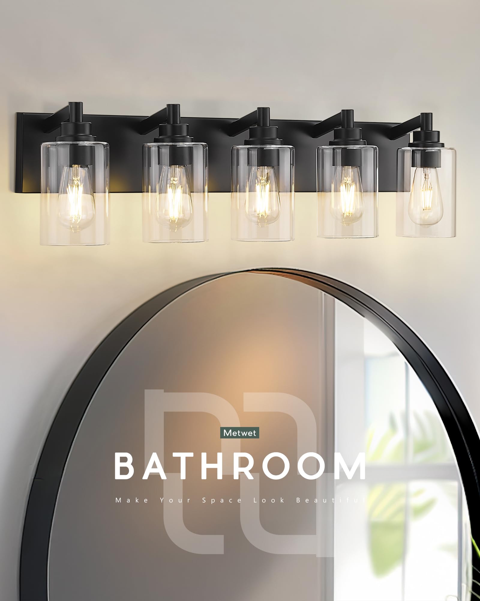 Metwet 5-Light Bathroom Light Fixtures  30 Inch Black Vanity Light With Cylinder Clear Glass Shade  Modern Vanity Lighting Fixtures Over Mirror  Vl143-Mb-5