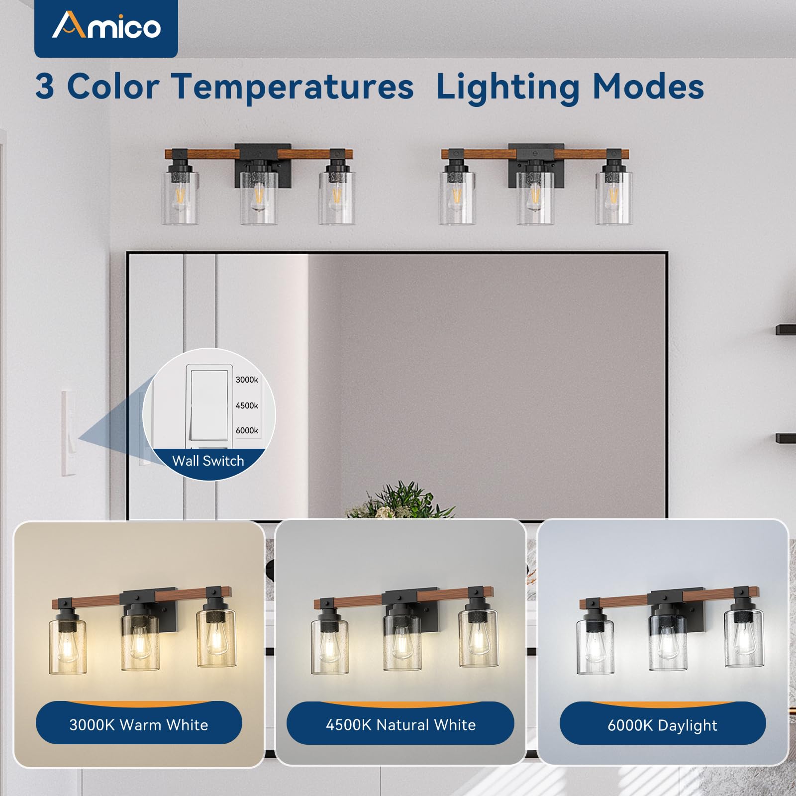 Amico 3-Light Farmhouse Vanity Light Fixture, Rustic Wood Bathroom Light Fixtures, Industrial Vintage Black Wall Sconces Light W