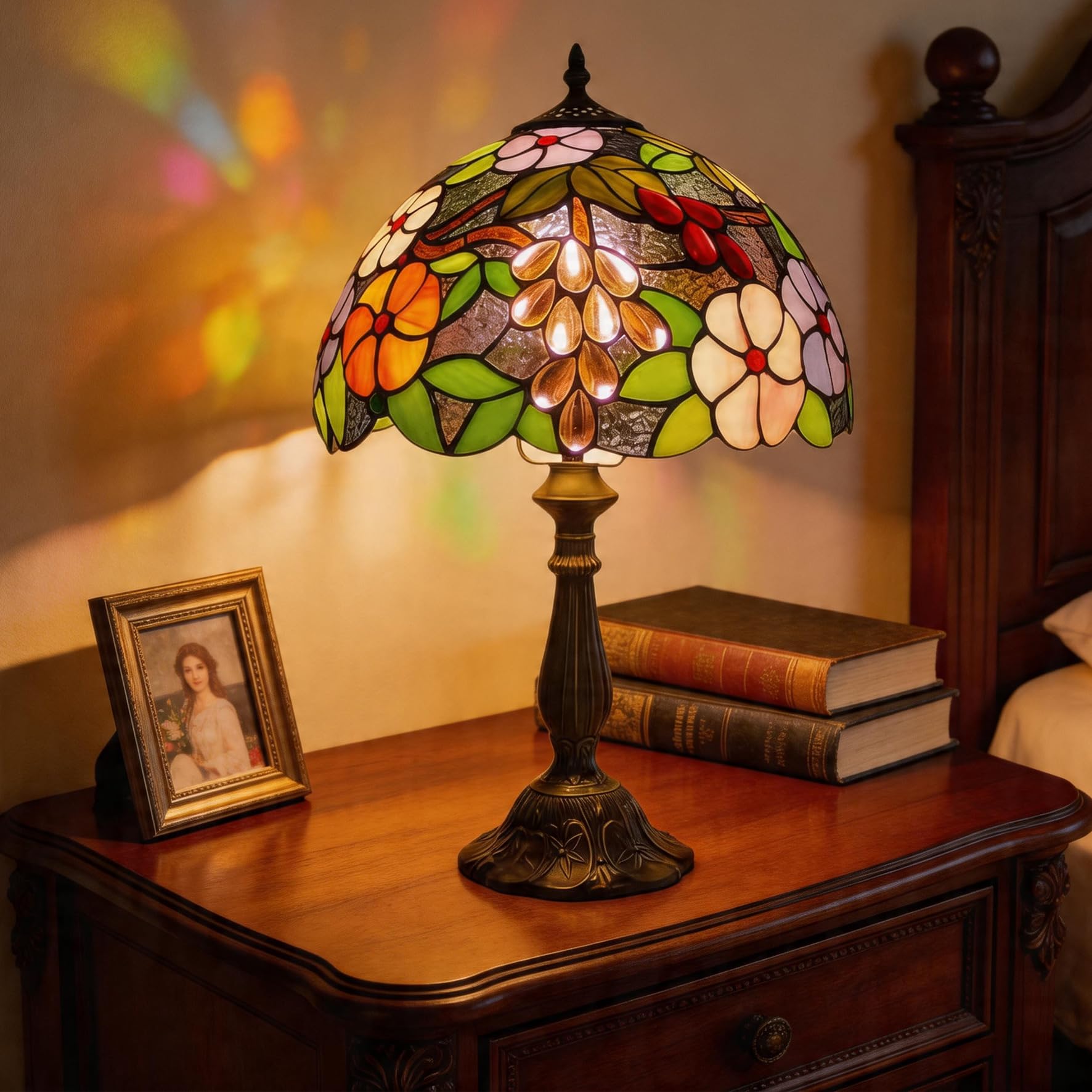Plynvexa Table Lamp Hand-Made Grape Rose Stained Glass Table Lamps Bedside Nightstand Lamp for Bedroom, Living Room, Home Office