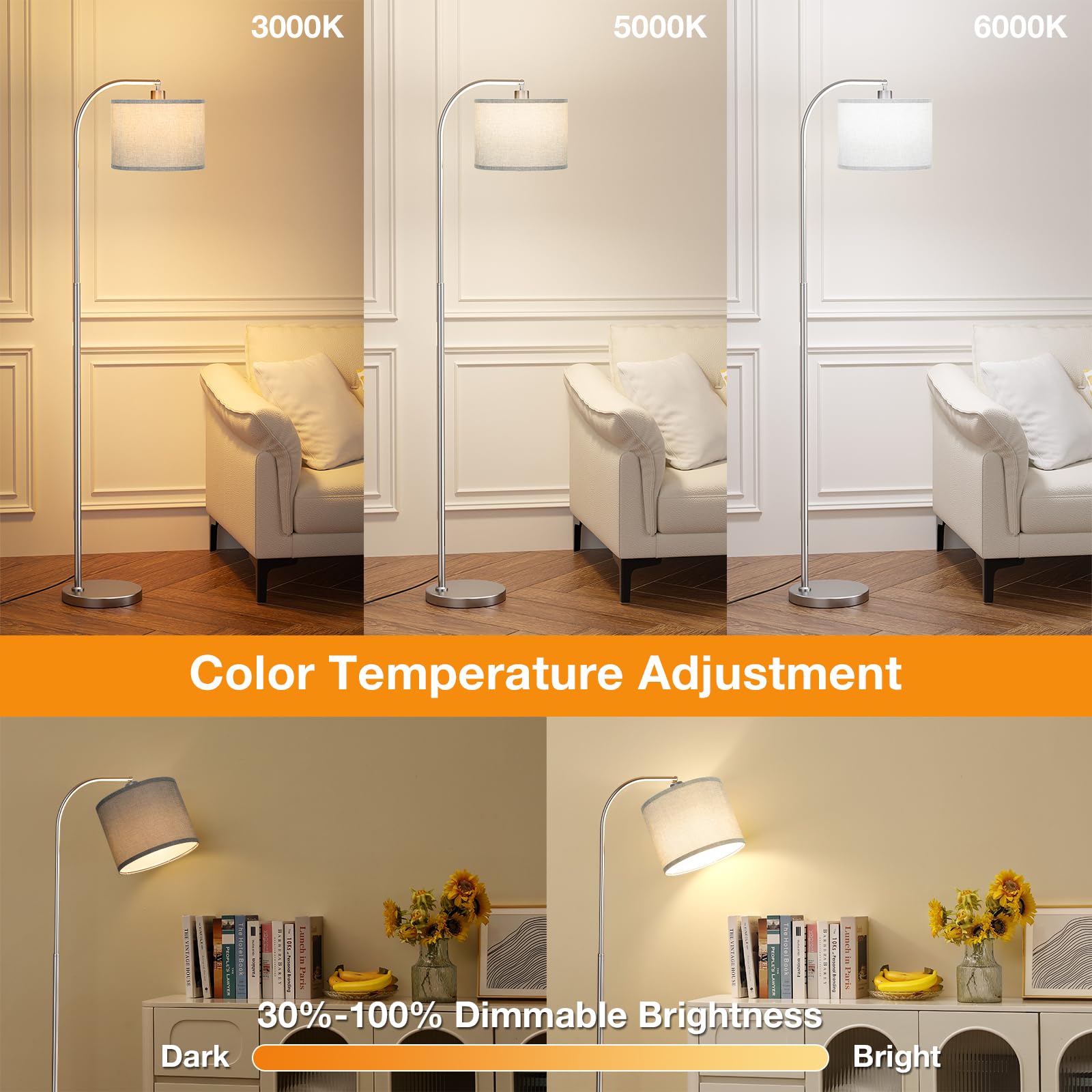 Ambimall Arc Floor Lamp With Remote And Stepless Dimmable Bulb, Colors Temperature & Brightness Adjustable, Silver Floor Lamps F