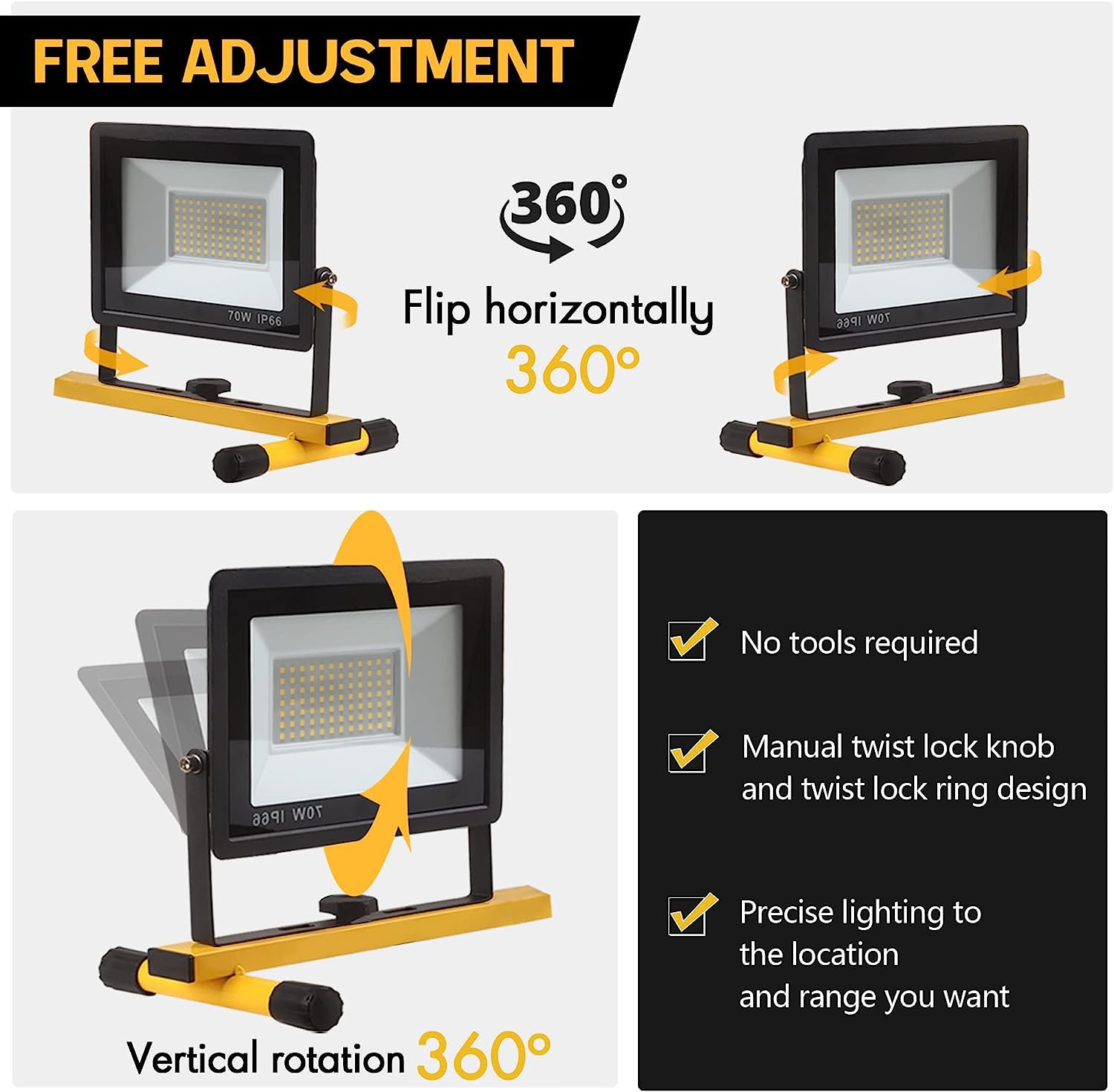 GUWELL 21000 Lumen LED Work Light with Adjustable Tripod Stand, Waterproof, Yellow, Model 23-WL-01, 2 Adjustable Heads