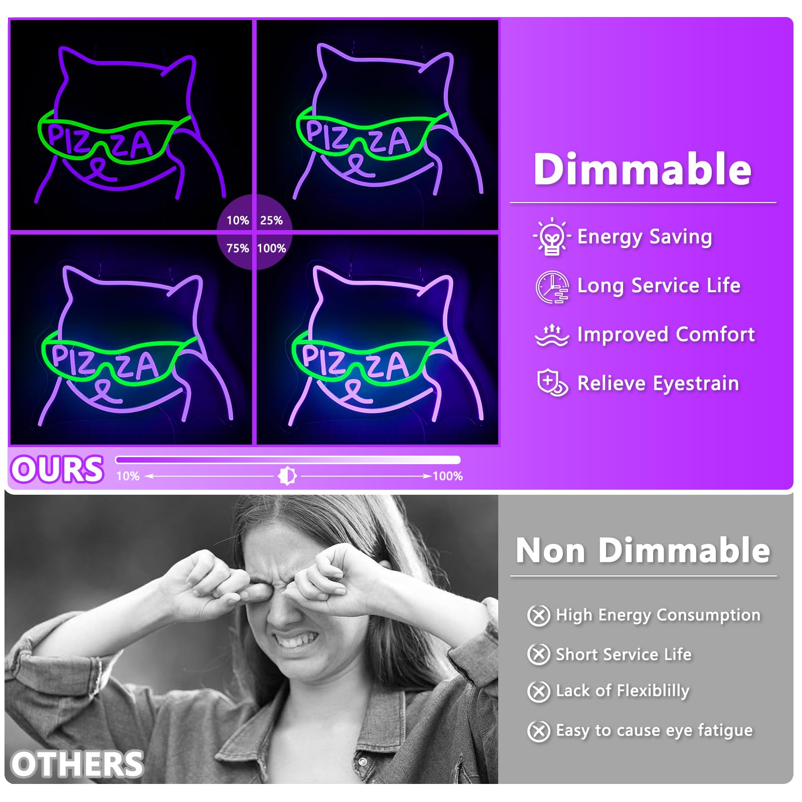 AUGELRE Pizza Sunglasses Neon Sign, Dimmable LED Wall Decor, 15.35in x 12.6in, Purple