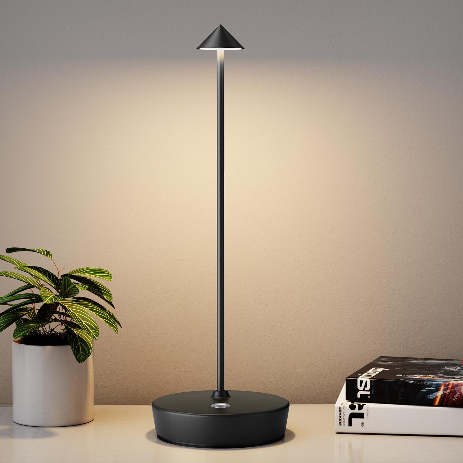 YIBEN Rechargeable Cordless Table Lamp, LED 6000mAh, 3 Brightness Levels, Aluminum, Black, Model X12, Portable for Indoor/Outdoor