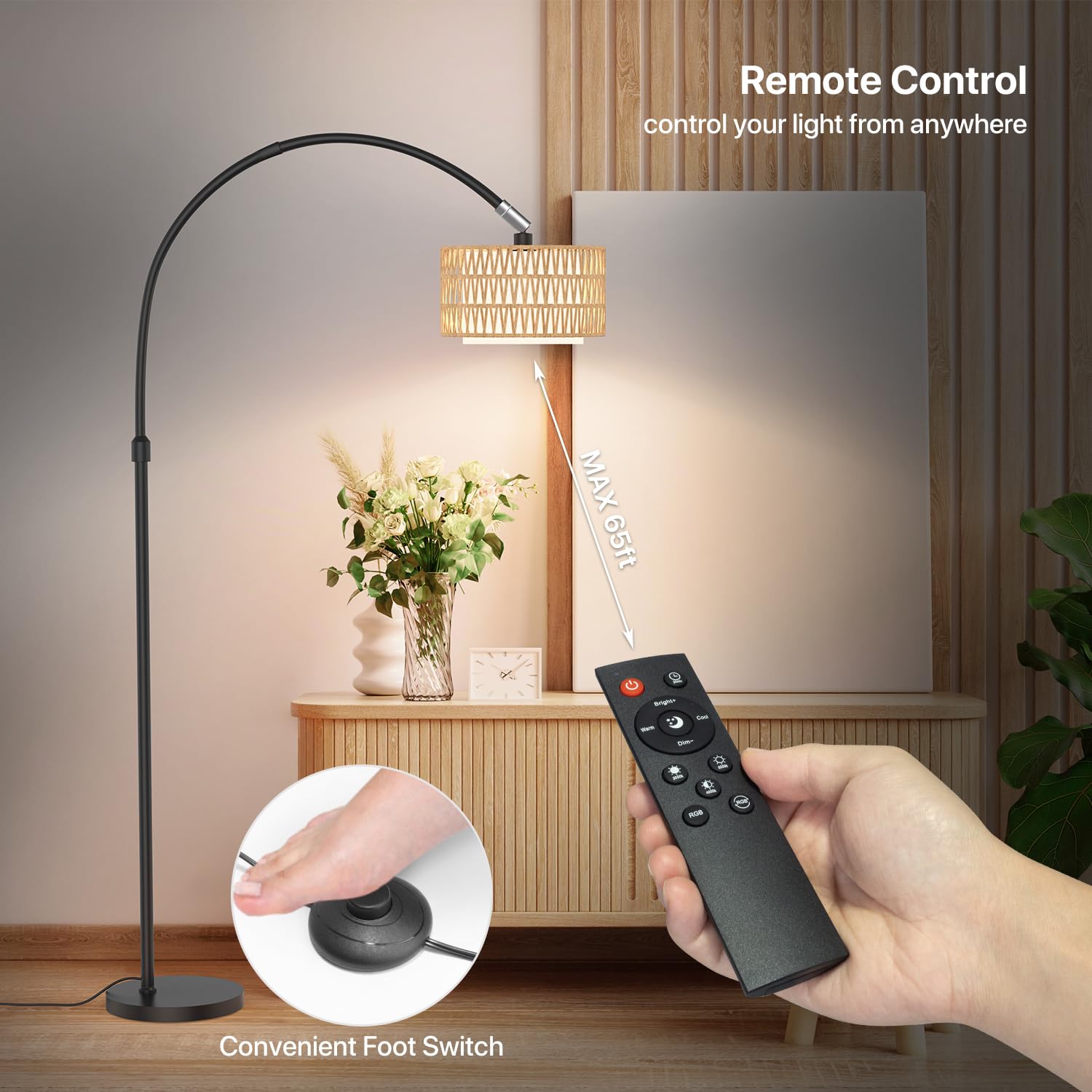 Lumenfox Arc Floor Lamp with Remote Control, Dimmable LED, 3 Color Temperatures, Black and Brown, Model LF-FRL03-A-1P
