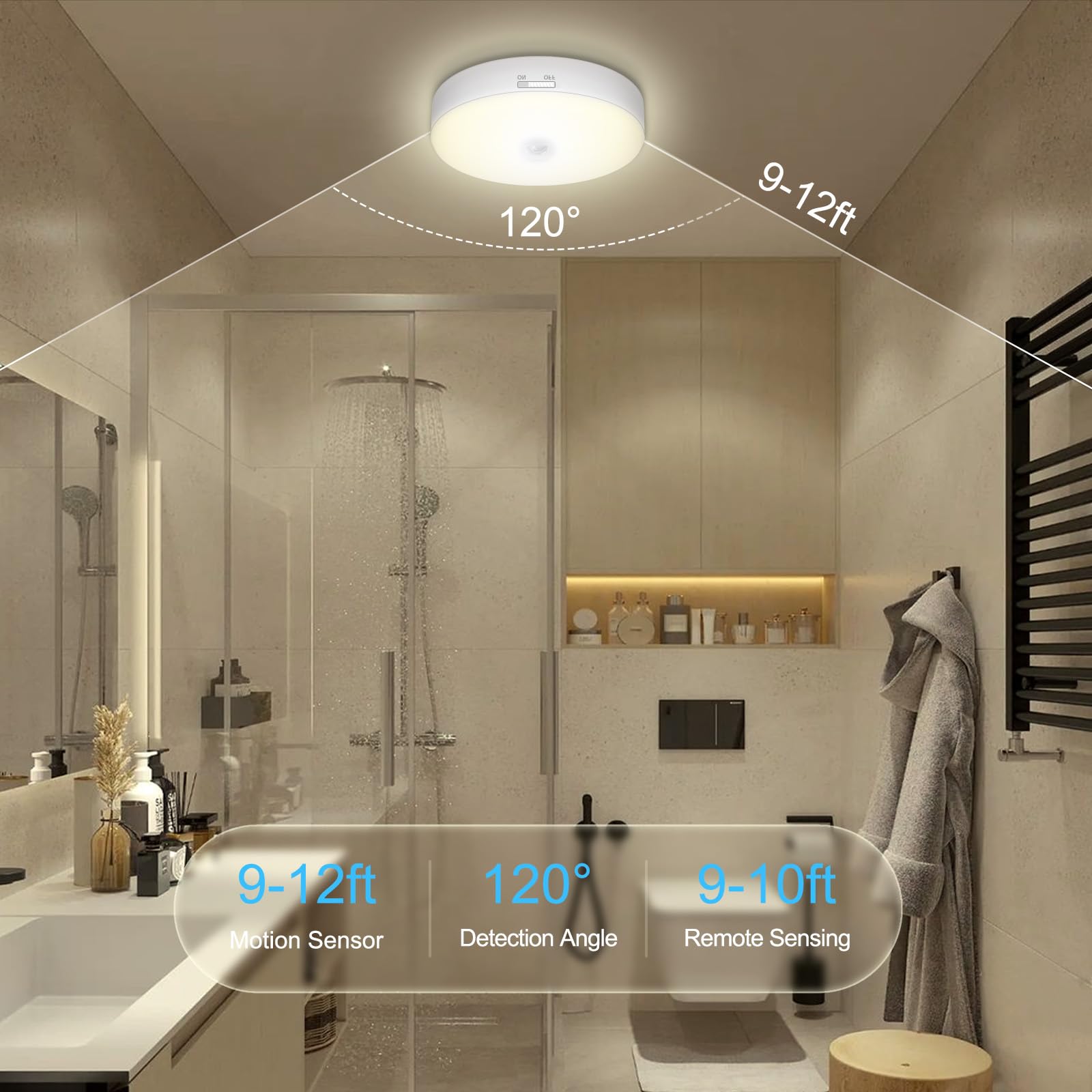 TOOWELL Battery Ceiling Light with Motion Sensor, Remote, 2 Pack, White, Rechargeable, Ideal for Closet, Bathroom, Laundry, Garage