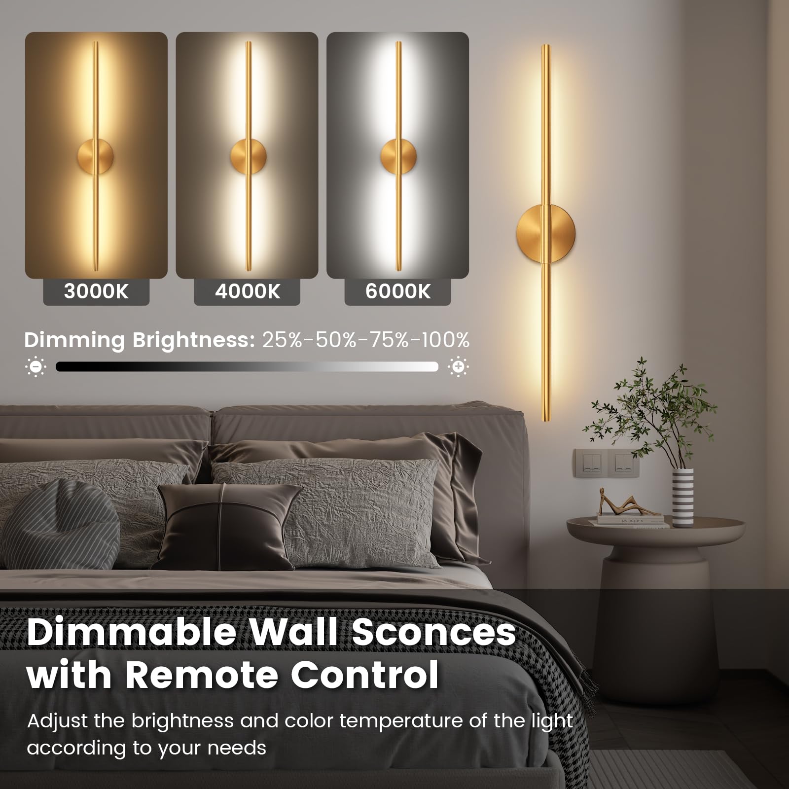 JOFIOS Battery Operated Wall Sconces Set of 2, 34.7 Inch, Dimmable, Wireless Rechargeable, Gold, Model JFS61244