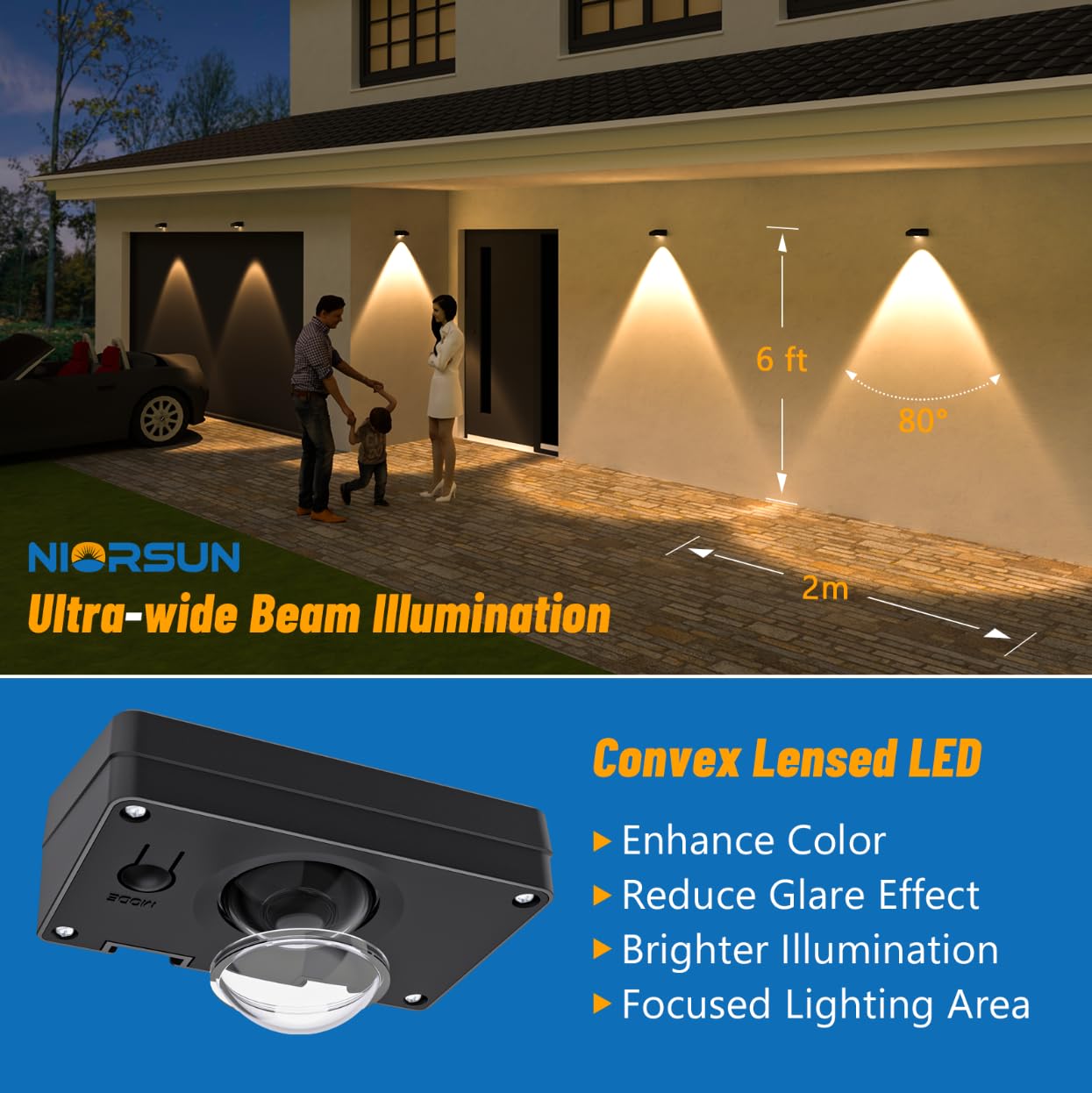 NIORSUN Solar Fence Lights, 8 Pack LED Waterproof Warm & Cool White RGB, Black, Model 16399LGTF for Patio, Deck, Pool Decor