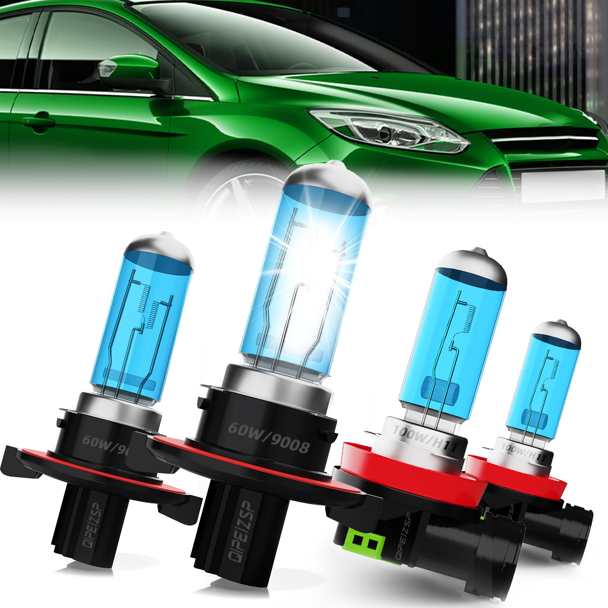 QIPEIZSP compatible with Ford Focus 2008-2011 halogen headlight bulbs, 9008 High/Low Beams + H11 Fog Lights Combo, Pack of 4
