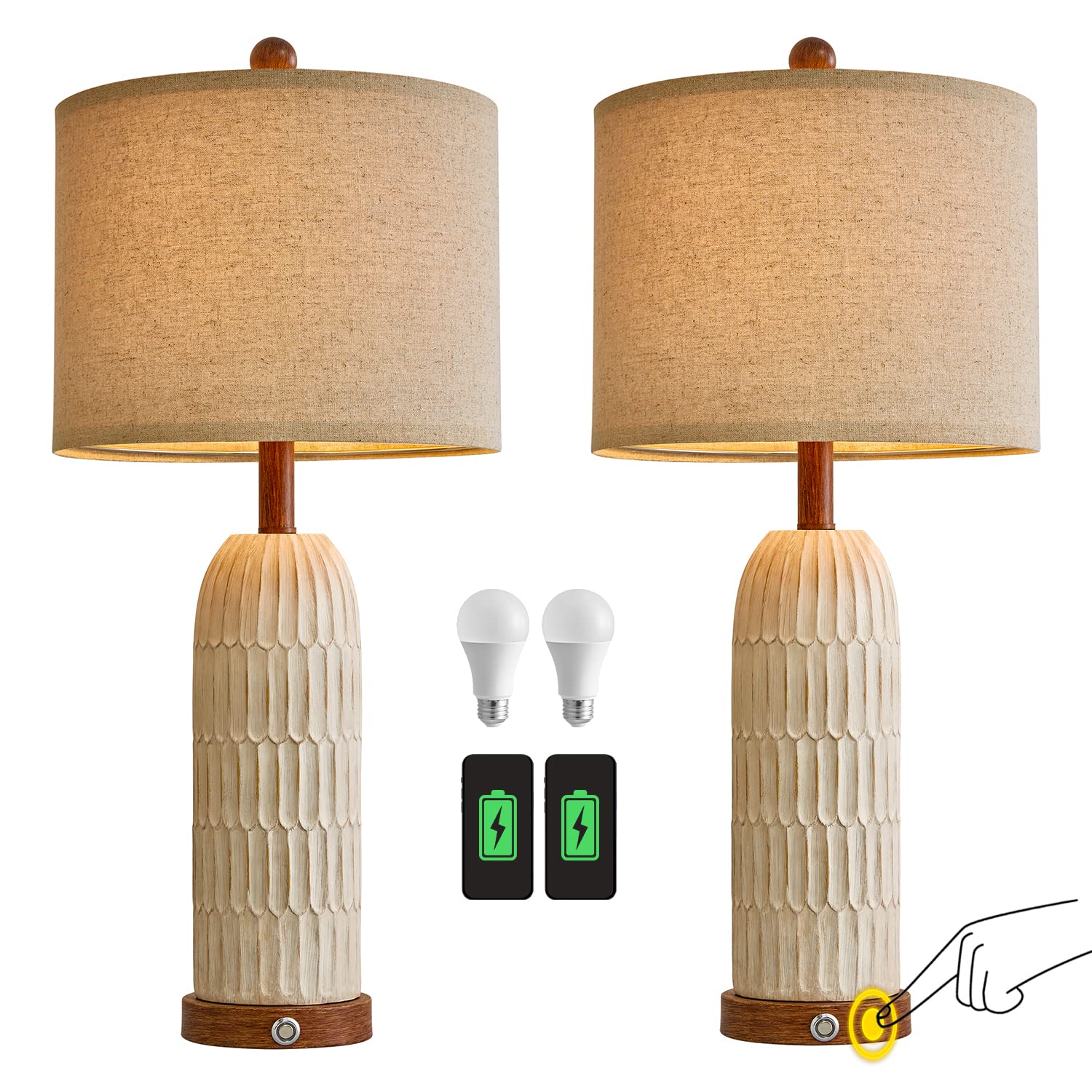 Oyears 3-Way Dimmable Touch Control Table Lamp Set Of 2 With Dual Usb A+C Ports For Bedroom Living Room 26.5    Modern Farmhouse