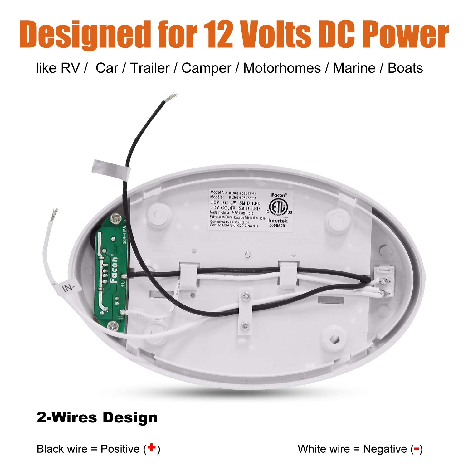 Facon LED Pancake Light with USB Charger, 12V Ceiling Dome Light, 3 Pack, White, Model DDS01-608USB
