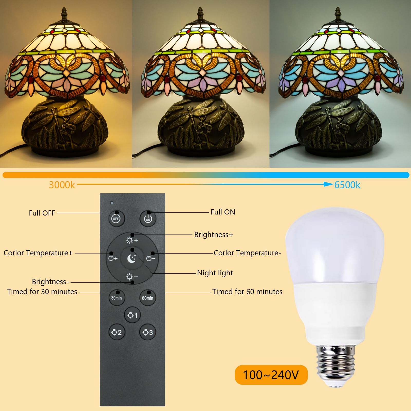 Ppbmocw 12 Inch Tiffany Lamp With Remote Control, Adjustable Brightness And Color Temperature, E26 Bulb, 9W, Red Star Baroque Mu