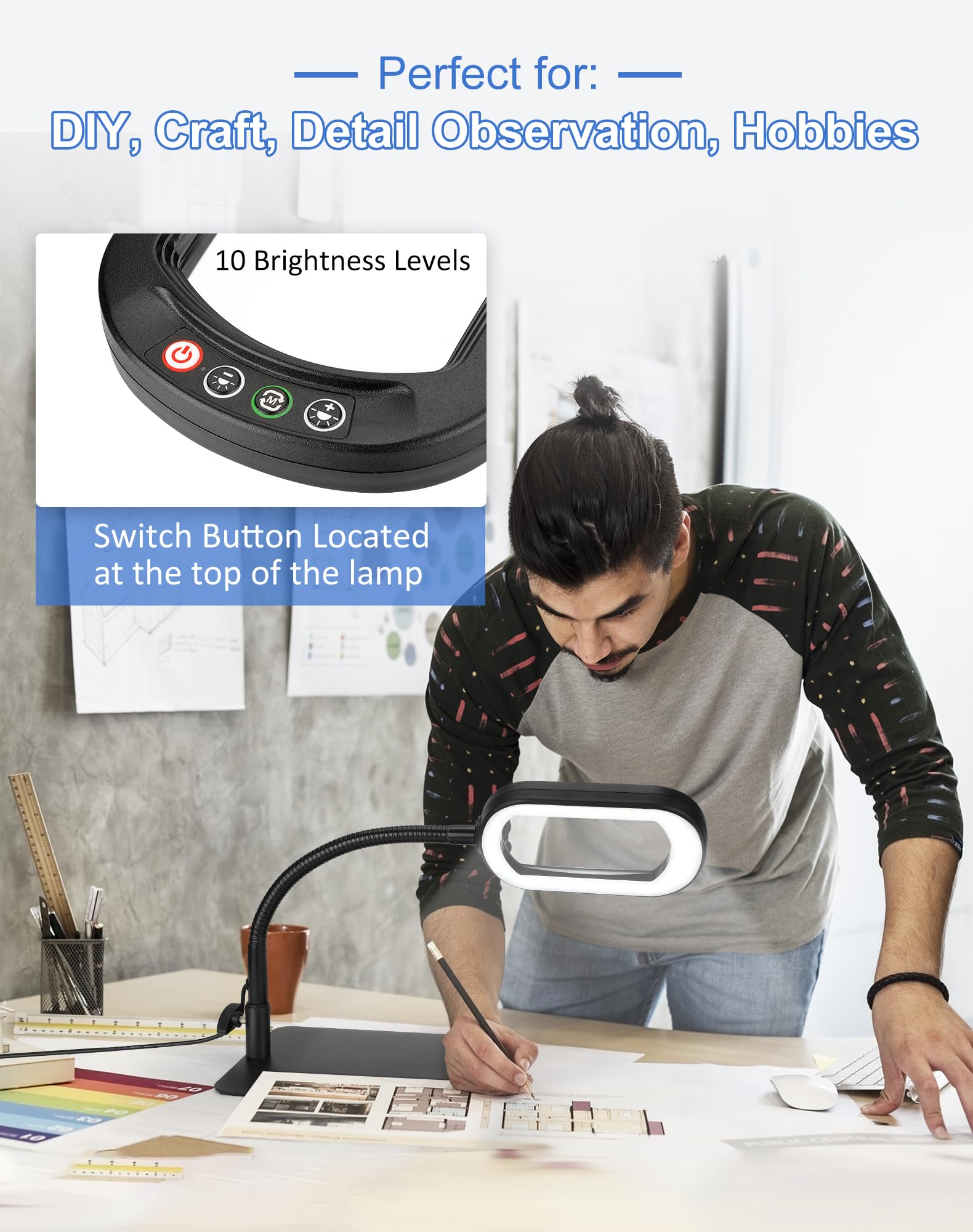 Ivmaie 10X Magnifying Glass With Light And Stand Led Magnifier With Light Hands Free Lighted Magnifying Desk Lamp Dimmable For C