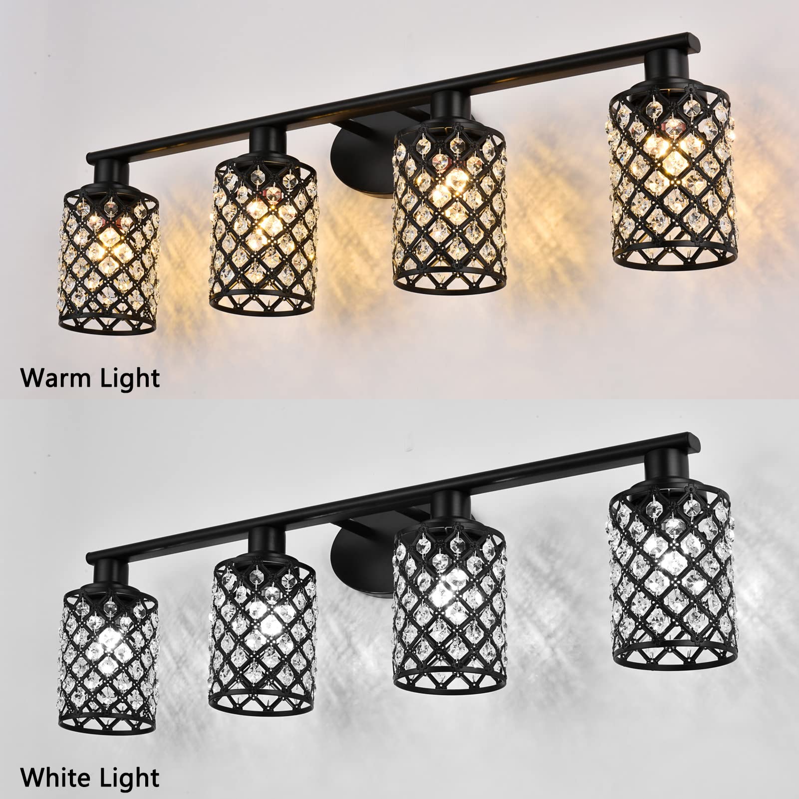 Niloah 4 Light Black Bathroom Light Fixtures, Modern Farmhouse Vanity Light, Bathroom Lights Over Mirror,Crystal Vanity Lighting Fixtures For Bathroom,Powder Room