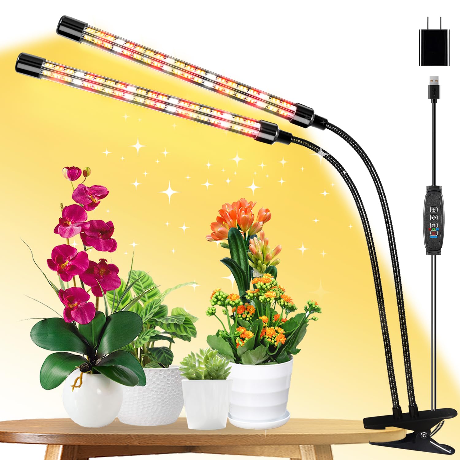 Lpmzmbl 2 Heads Clip Grow Light With V-Shaped Design, Full Spectrum Grow Lights For Indoor Plants, Adjustable 360° Gooseneck Grow Lamp, 3/9/12H Timer & 10 Dimming Levels For Seed Starting