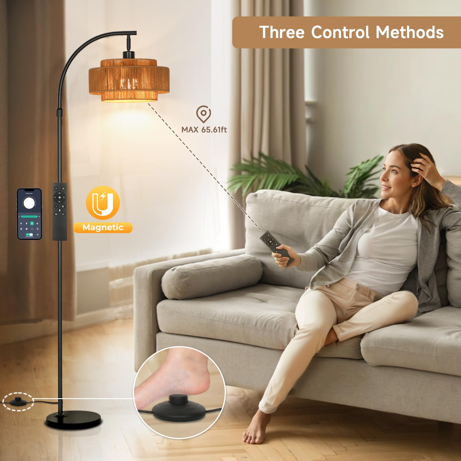 CASENKE Boho Rattan Floor Lamp: 70 Arc Tall Lamps with Remote and APP Control - Standing Black Floor Lampara with Dimmable LED B