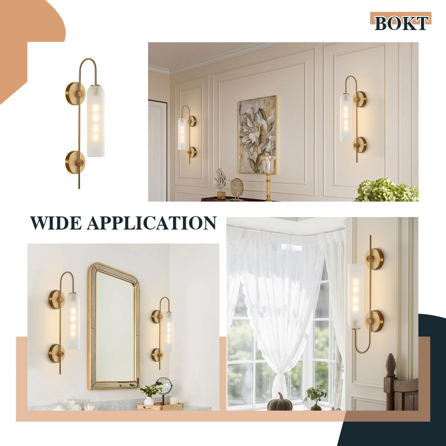 BOKT Mid Century Modern Wall Sconce, 1-Light Brushed Gold Metal, White Glass, Model L0293E01W, Ideal for Bathroom Vanity