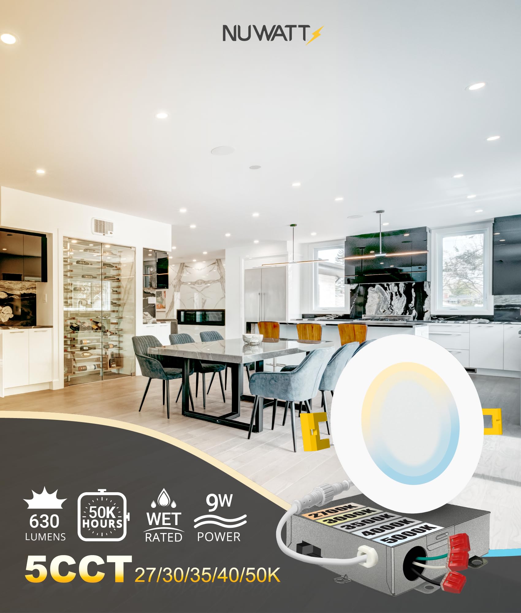 Nuwatt 12 Pack, 4 Inch Ultra-Thin Led Recessed Lighting, 5Cct 2700K/3000K/3500K/4000K/5000K Selectable, 630Lm, 9W, Ic Rated, Dim