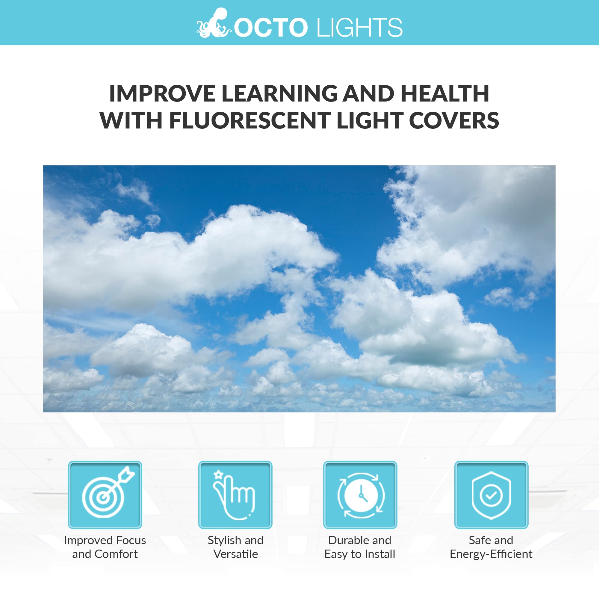OCTO LIGHTS Fluorescent Light Covers 2x4 - Cloud 002, Backlit Film, Majestic Stratocumulus, Reduces Eye Strain and Improves Focus