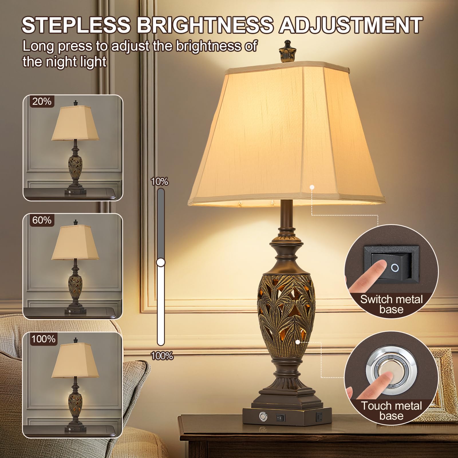 29.5''H Touch Traditional Table Lamp Set Of 2,Vintage Bedside Nightstand Lamps With Dual Usb And Night Light, 3-Color Hollow Out