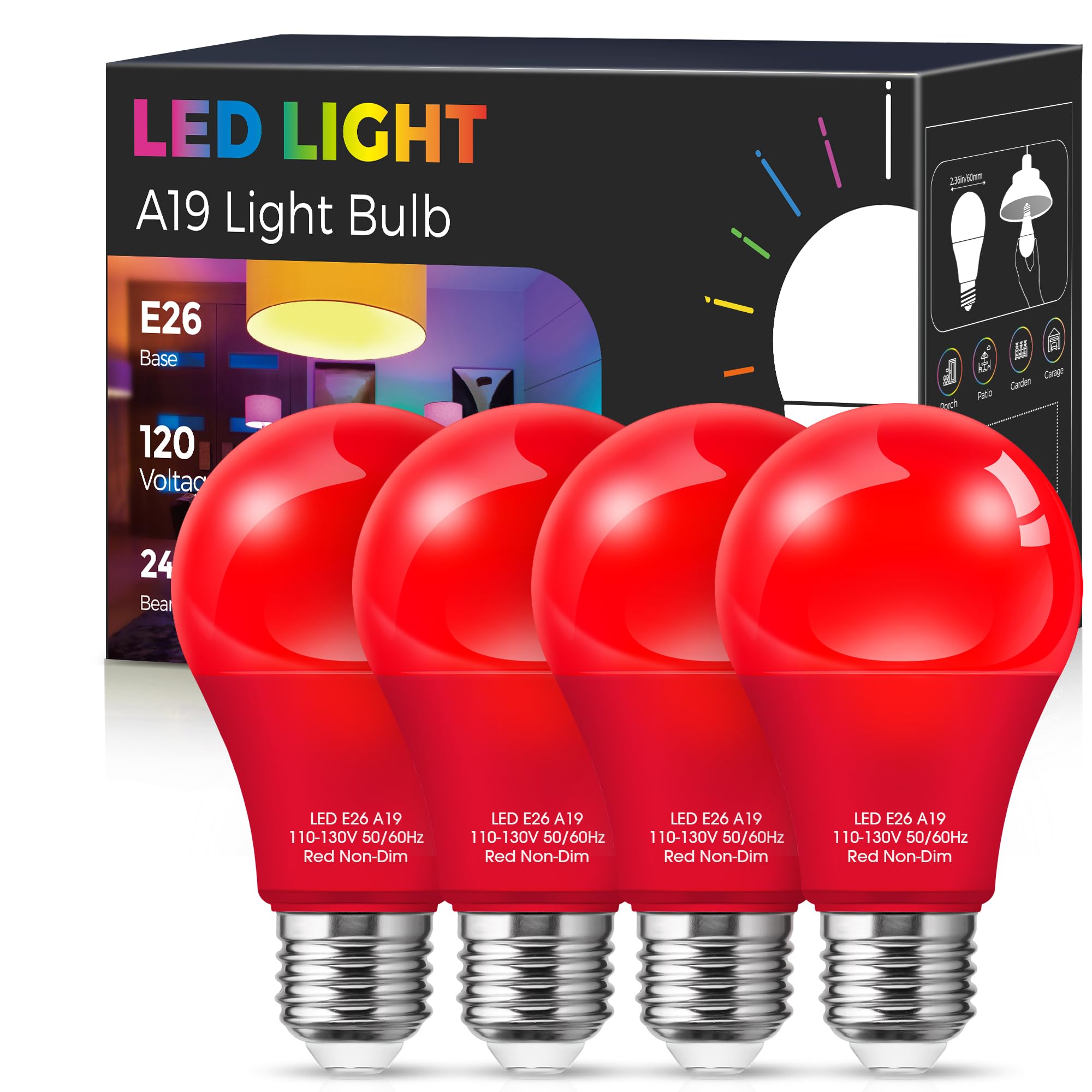 Red Light Bulbs [ 4 Pack] Christmas Light Bulbs 9W (60W Equivalent) A19 LED Red Light Bulbs Indoor/Outdoor, E26 Base Non-Dimmable,720LM Porch Light, LED Light Bulb for Christmas Day Decorations