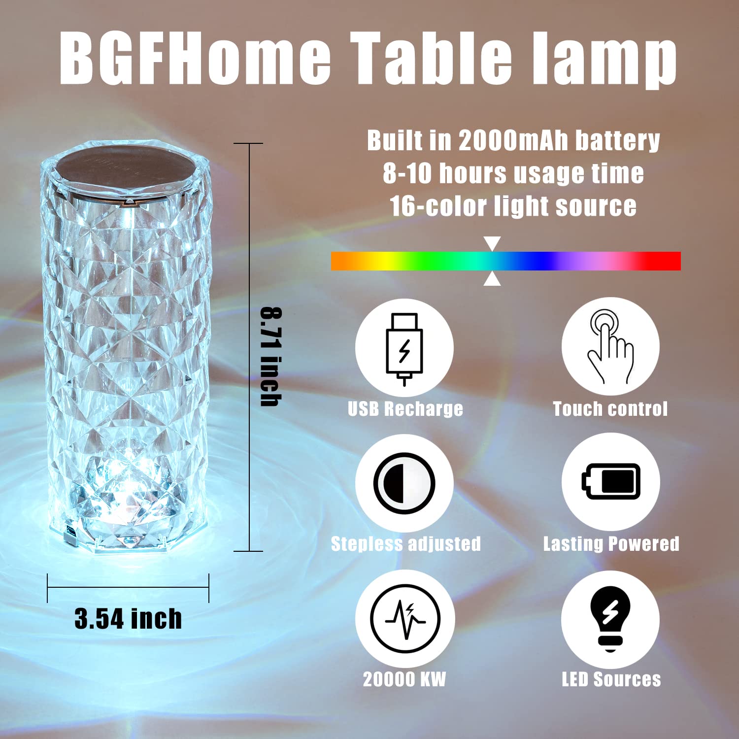 BGFHome Crystal Table Lamp - RGB Color Changing, 2 Pack, Touch & Remote Control, Diamond Design for Bedroom & Living Room Decor