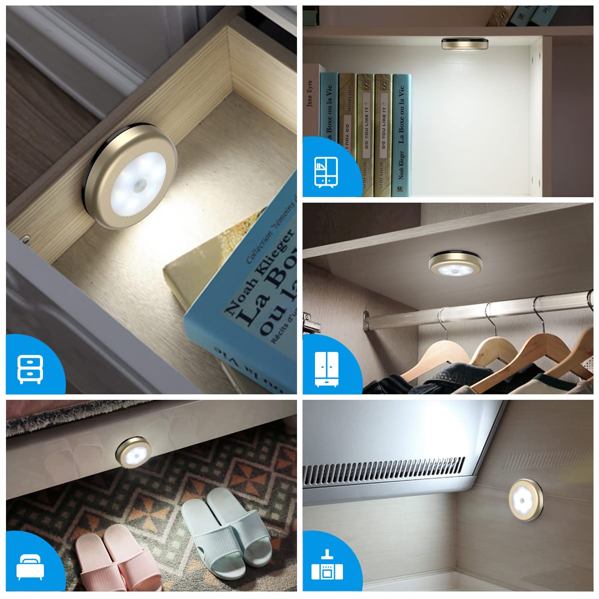 AMIR Motion Sensor LED Night Lights, Battery-Powered, Polycarbonate, Golden - White