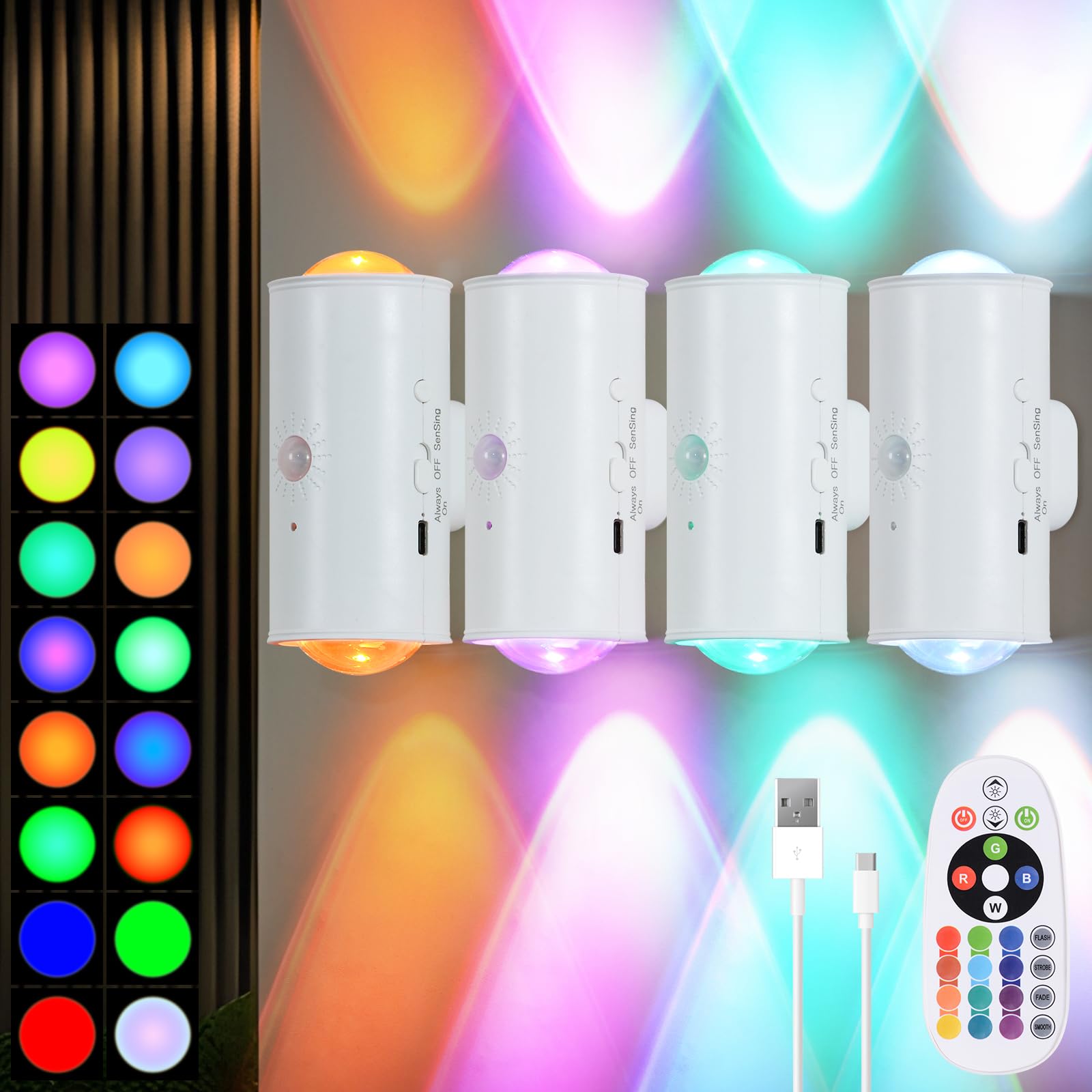 LED Wireless Wall Sconce with Remote, 16 Colors Changing, Motion Sensor Light Indoor, Dimmable, 1500mAh Rechargeable Battery Ope