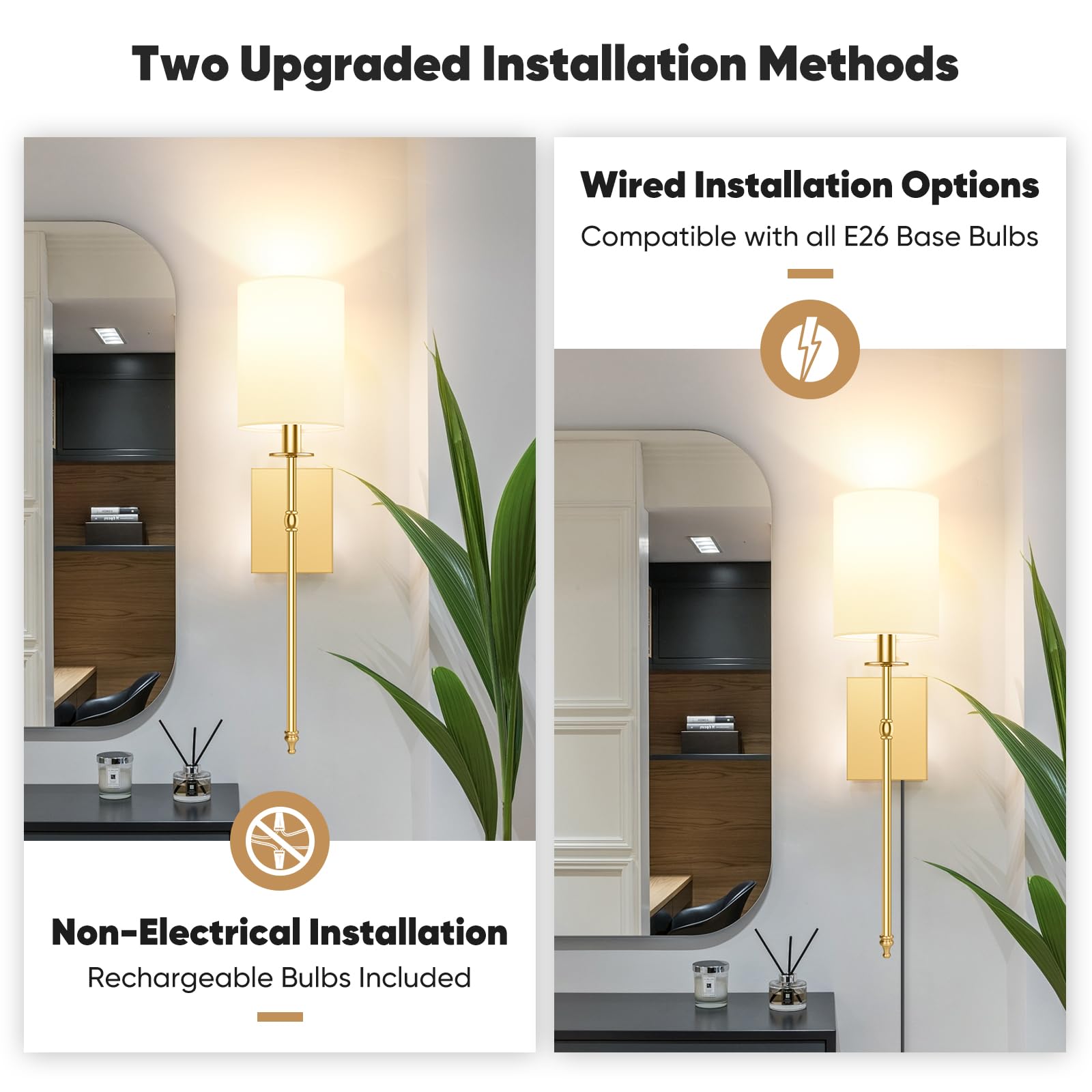 Bosceos 24.8 Inch Wall Sconces Set of 2, Gold Metal, Wireless, Remote-Controlled with White Fabric Shade, Dimmable, Model L2018-1BS