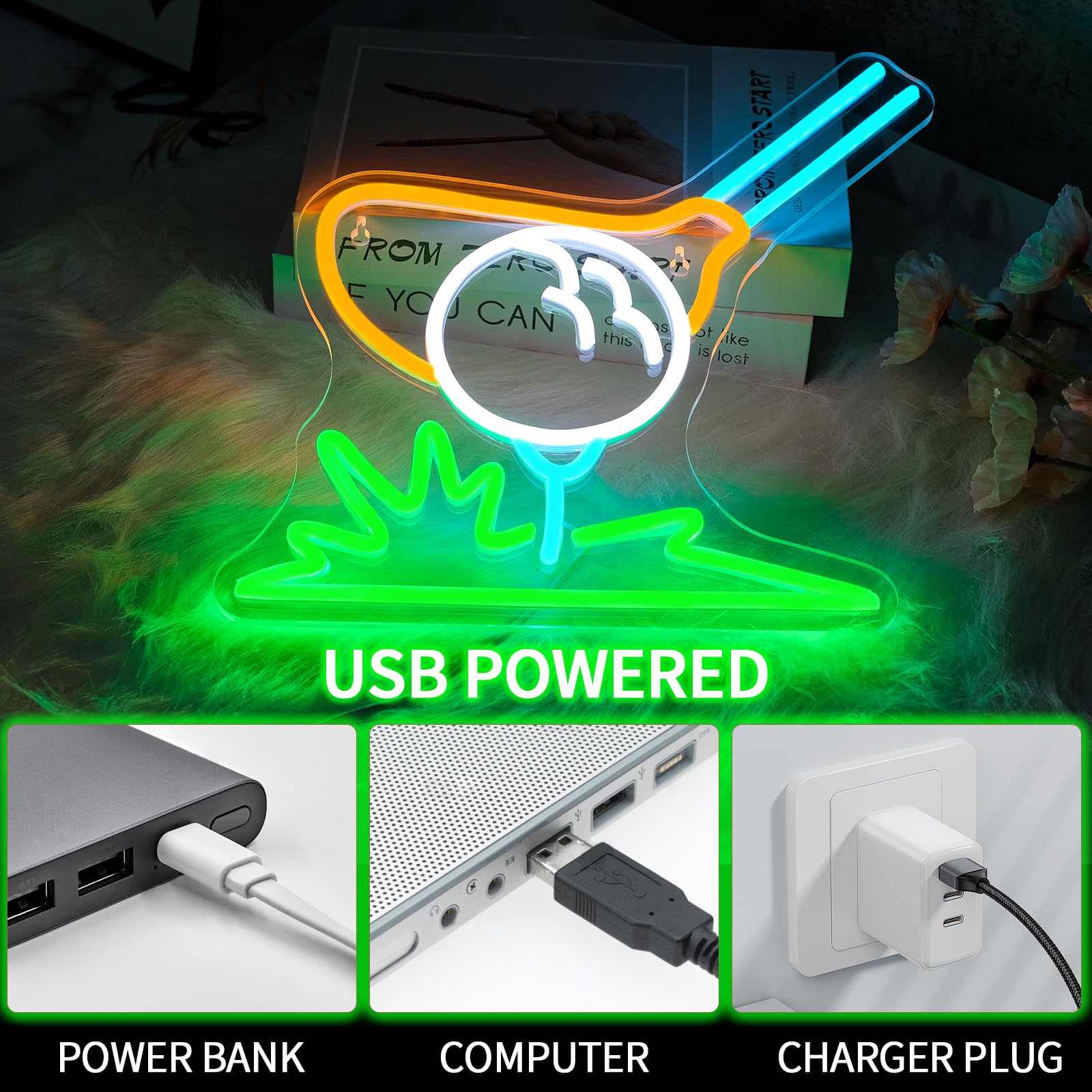 Virlusy Golf Neon Sign - Dimmable LED Wall Decor, Acrylic, Model YL-Golf, USB Powered, Green Yellow White, Ideal for Sports Room and Man Cave