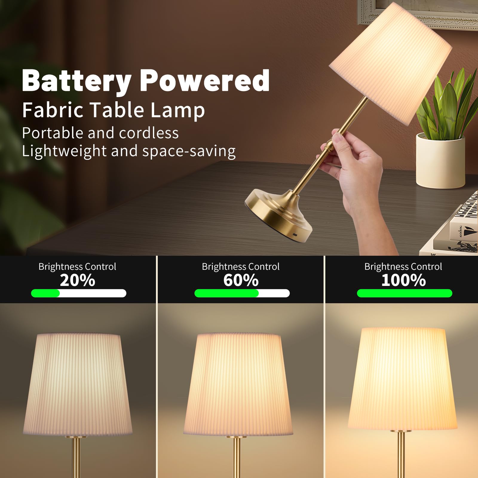 Hapygi Portable Metal Cordless Table Lamp,Built-In 5200Mah Rechargeable Battery, Dimmable Touch Small Bed Side Desk Lamp,Restaur