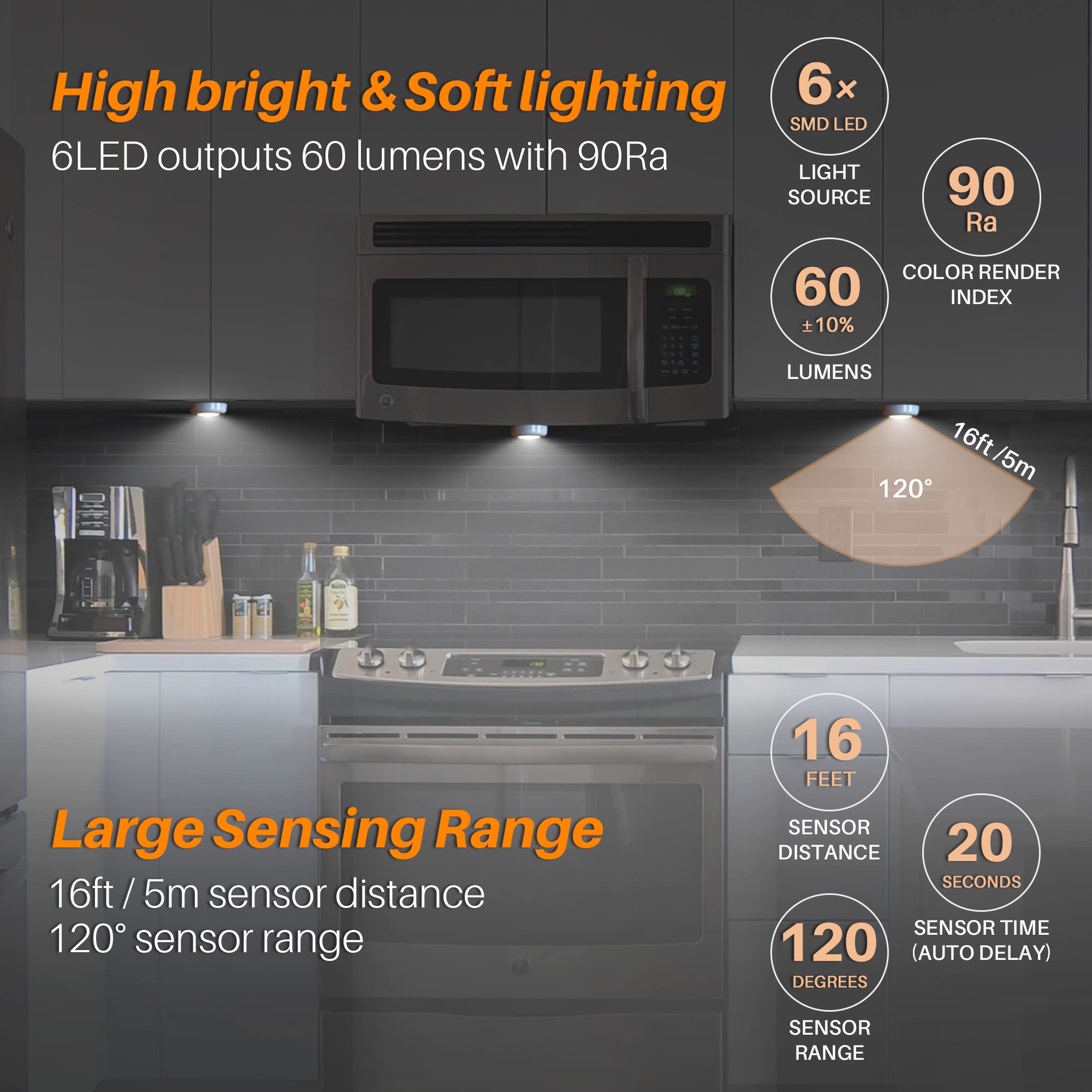 STAR-SPANGLED Motion Sensor LED Puck Lights, 6 Pack, Cool White, Battery Operated, Model CA-21B, Perfect for Stairs & Cabinets
