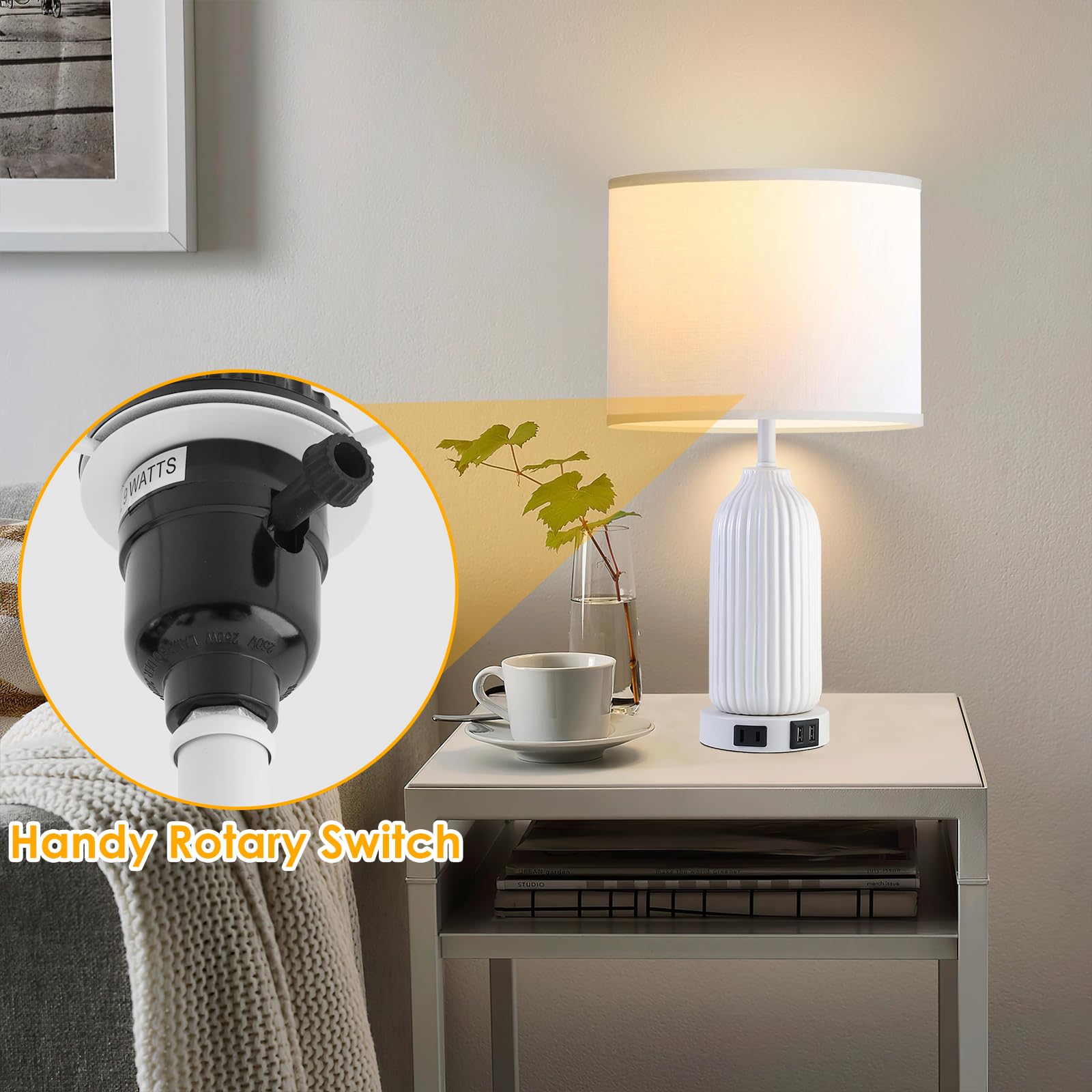 20 Ceramic Table Lamps 3 Color Temperatures Bedside Lamps Set Of 2 With Usb Ports & Ac Outlet, Modern White Lamps For Bedroom Ni