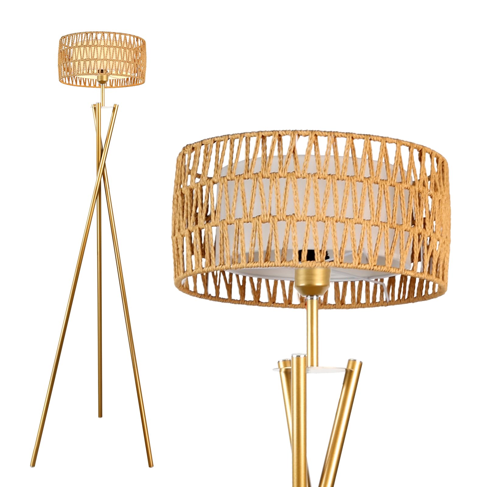 Lightdot Rattan Floor Lamp - Mid Century, Modern Design For Living Room, Bedroom & Office - 3000K Soft Light, Gold E26 Base
