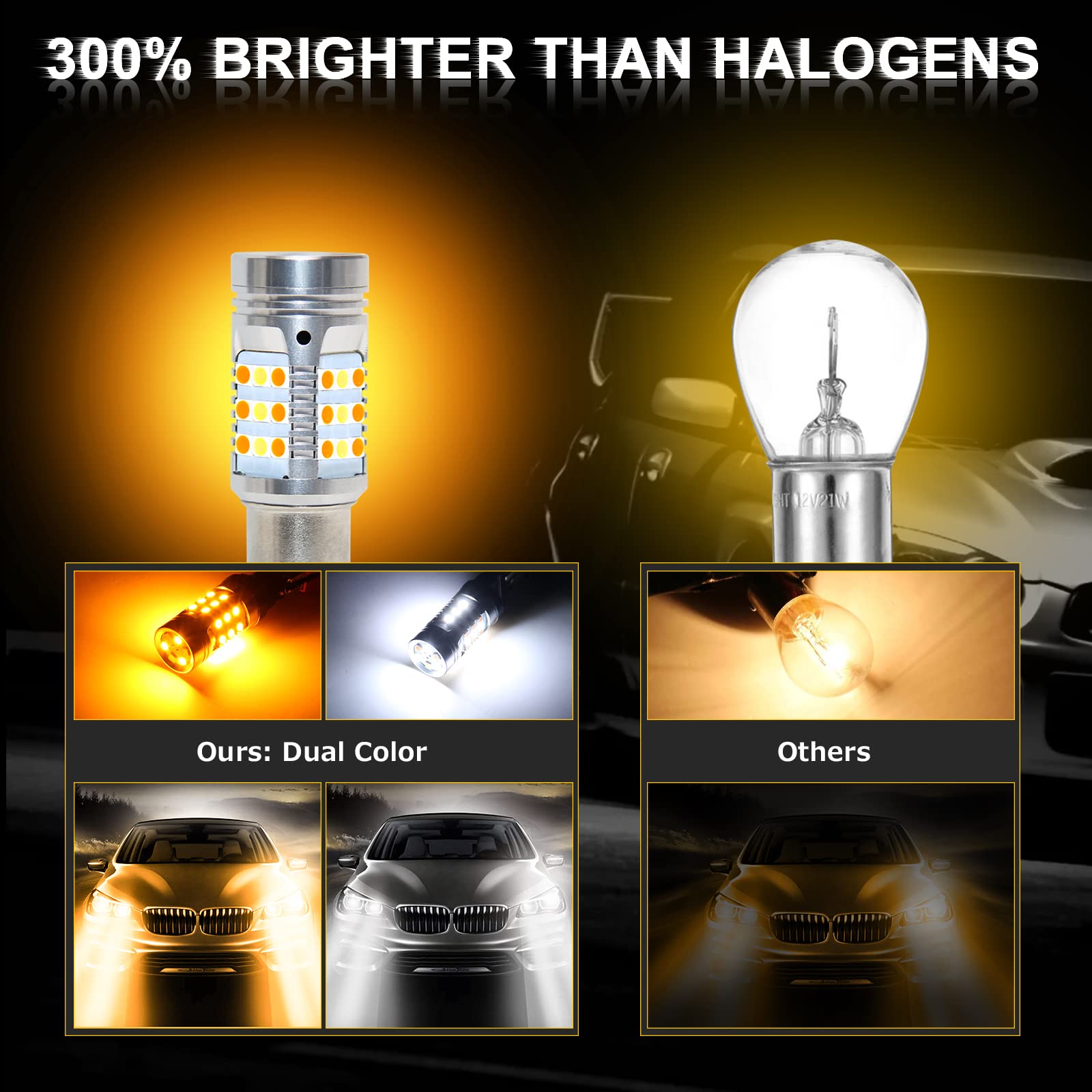 OPP ULITE 1157 LED Bulbs, Dual Color, 360 Luminous, Built-in Resistor, 12V, 2PC Pack, White/Amber