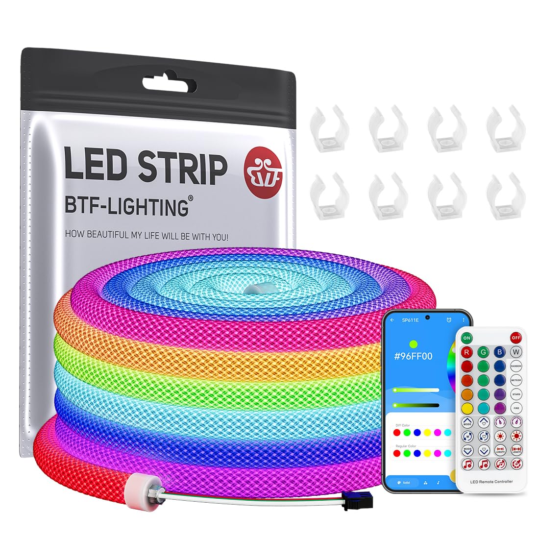 BTF-LIGHTING 13.1FT WS2811 WS2812B IC RGB 360 Degree Round Reticulate Chasing Color Neon LED Strip Kit Bluetooth Controller Flex