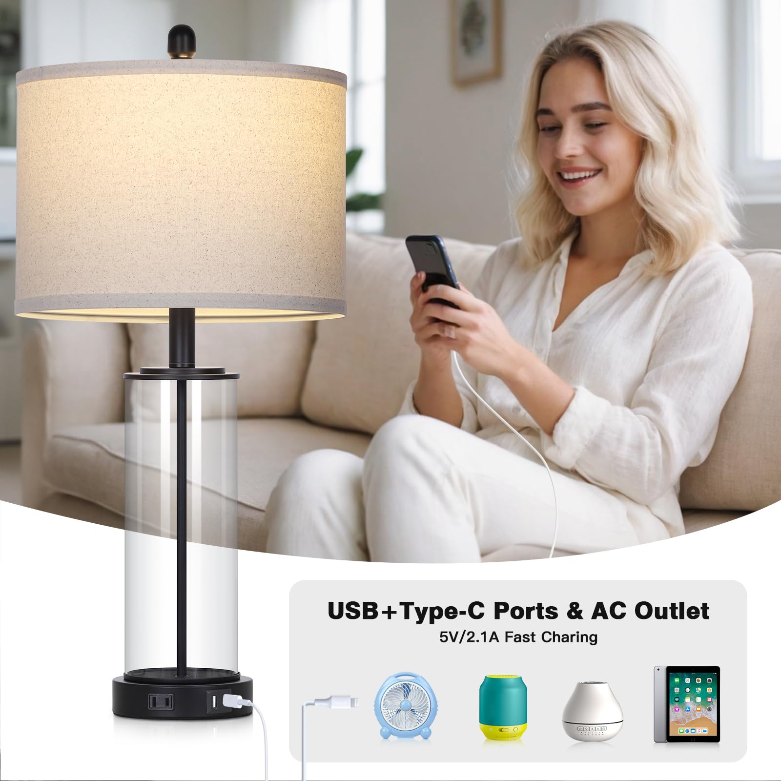 26'' Black Glass Table Lamps Set Of 2, 3-Way Dimmable Touch Control Living Room Lamp With Usb C+A Ports & Ac Outlet, Modern Beds