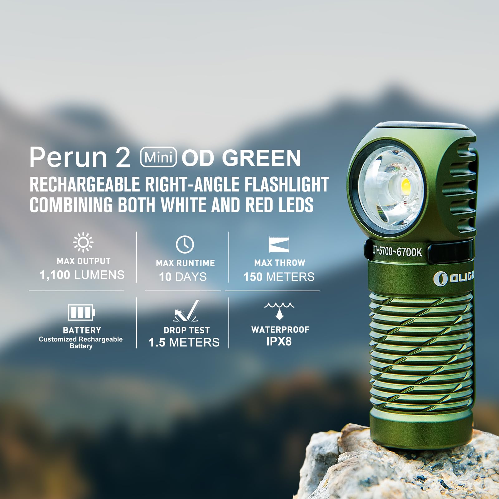 OLIGHT Perun 2 Mini Headlamp 1100 Lumens Rechargeable LED Flashlight, OD Green, Model 300000-PERUN2MINI-ODG-CW