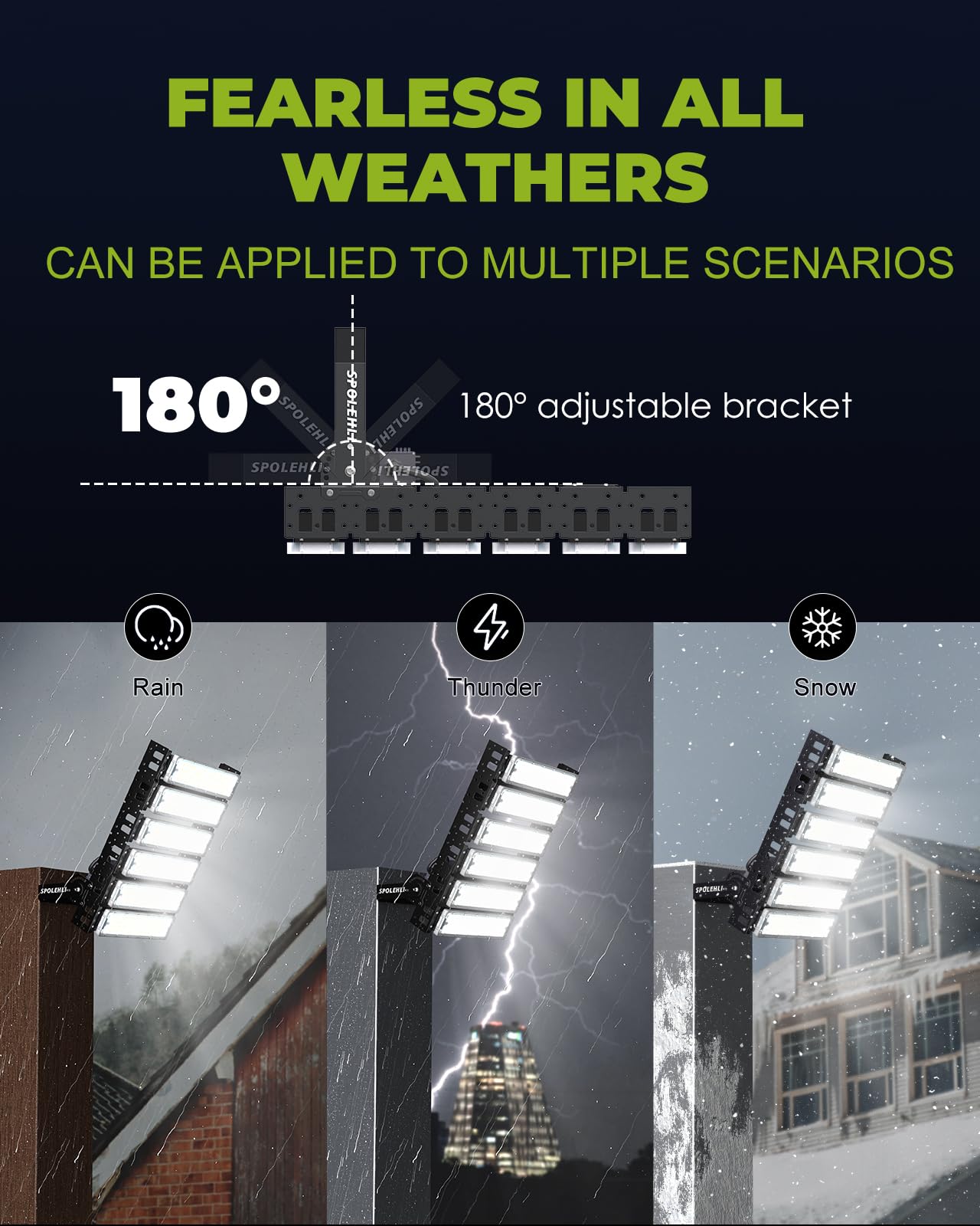 Spolehli 2000W Led Stadium Flood Lights 48000Lm Ip66 Waterproof 6500K Daylight Black