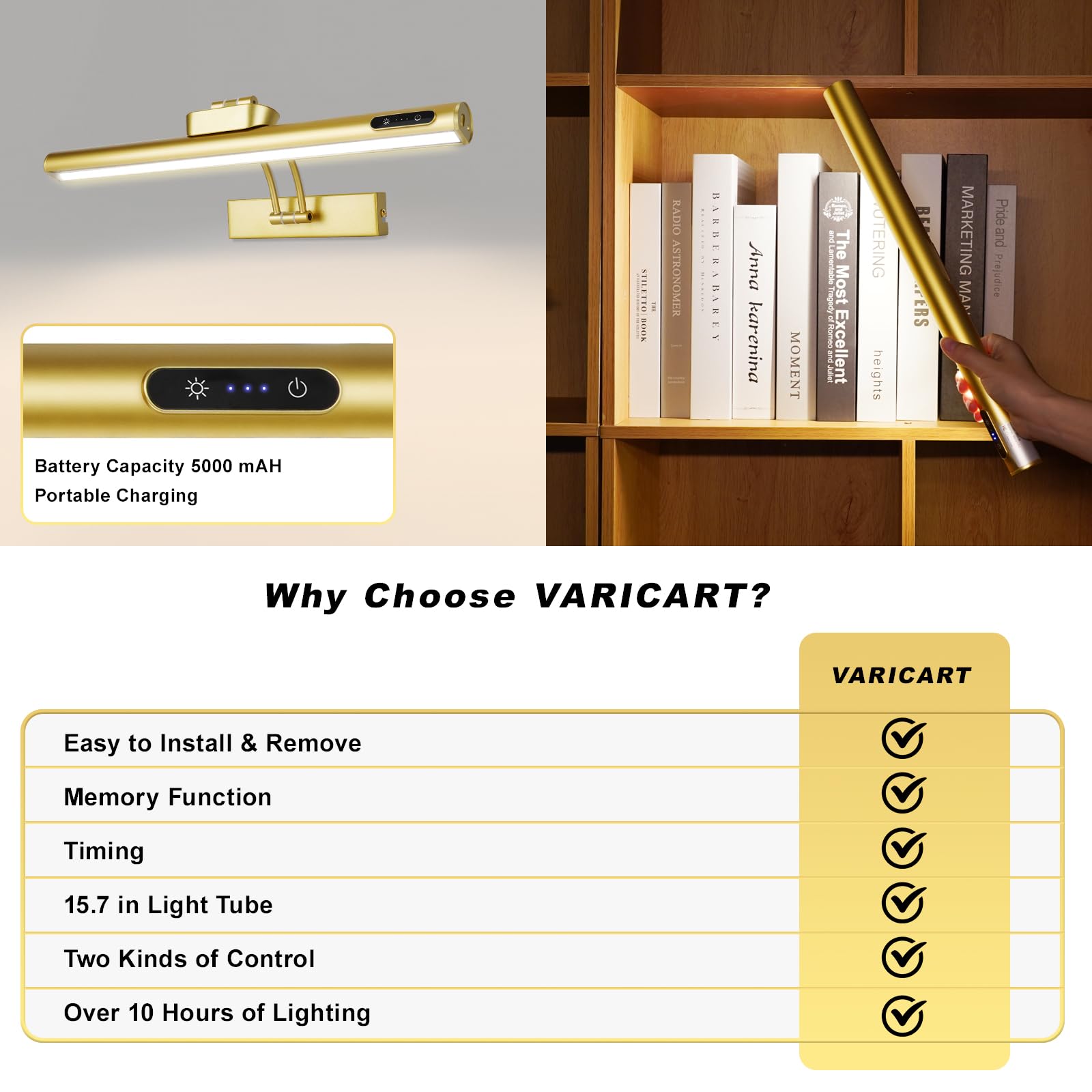 VARICART Magnetic Wireless Picture Light, 16in Metal, Rechargeable, Dimmable, Remote/Touch/Timer, Gold 2Pack, Model 26c0db37-f444