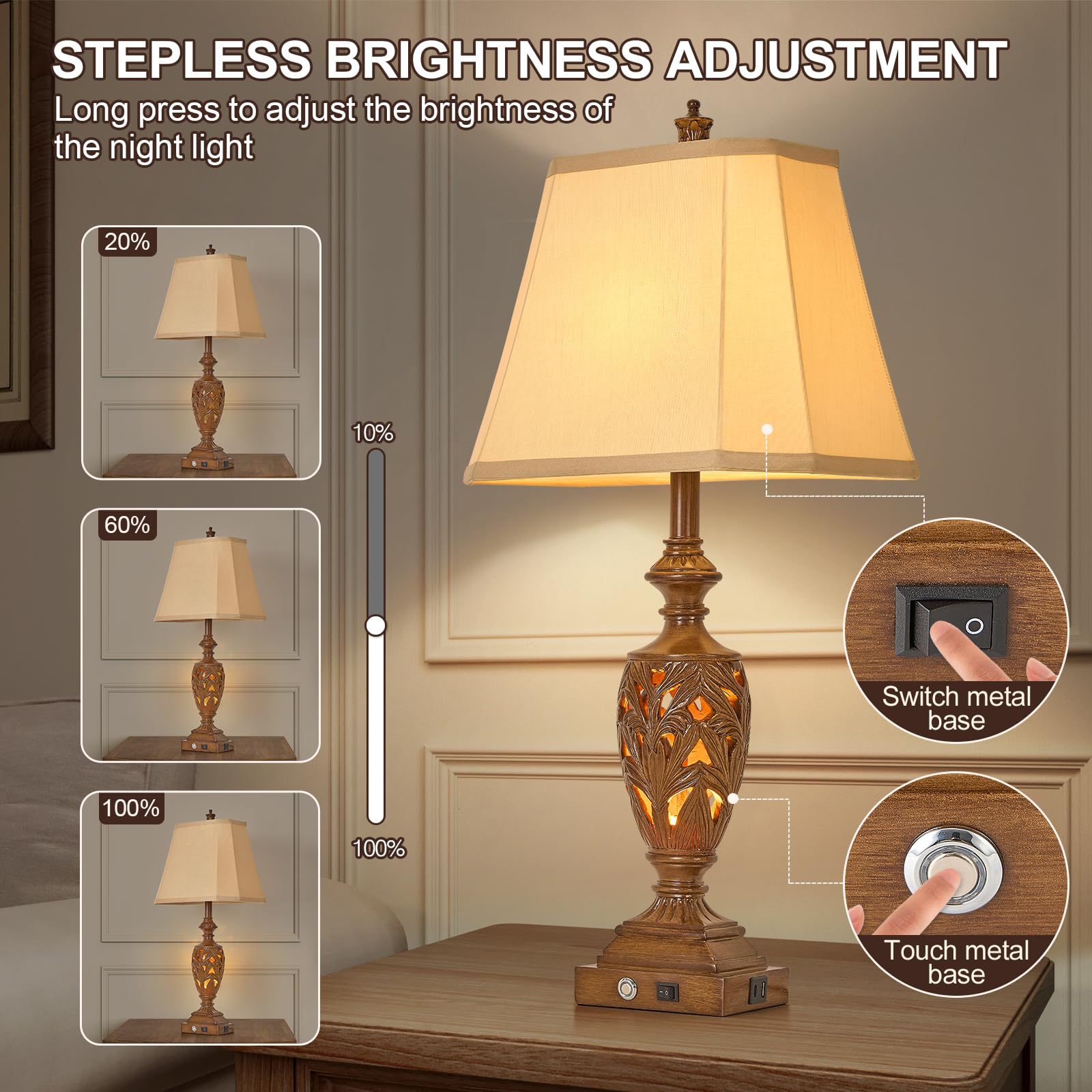 AIDENOEY 29.5" Touch Control Table Lamp Set of 2, Vintage Bronze Resin, 3-Way Dimmable with Dual USB Ports, Model HM002