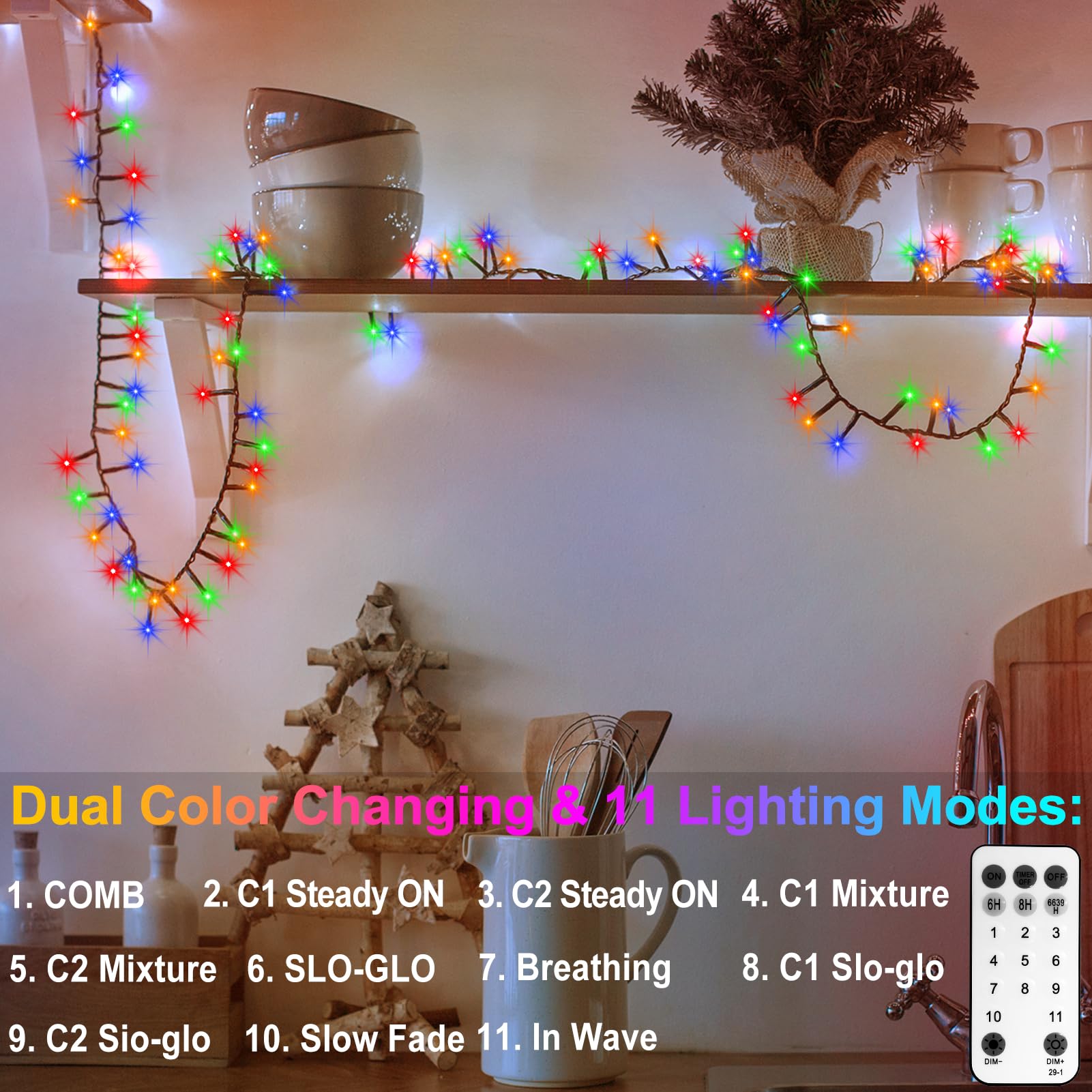 Bsglobal Dual Color Changing String Lights Battery, 2 Pack Total 20Ft 400 Led Cluster String Lights With Timer 11 Modes Firecrac