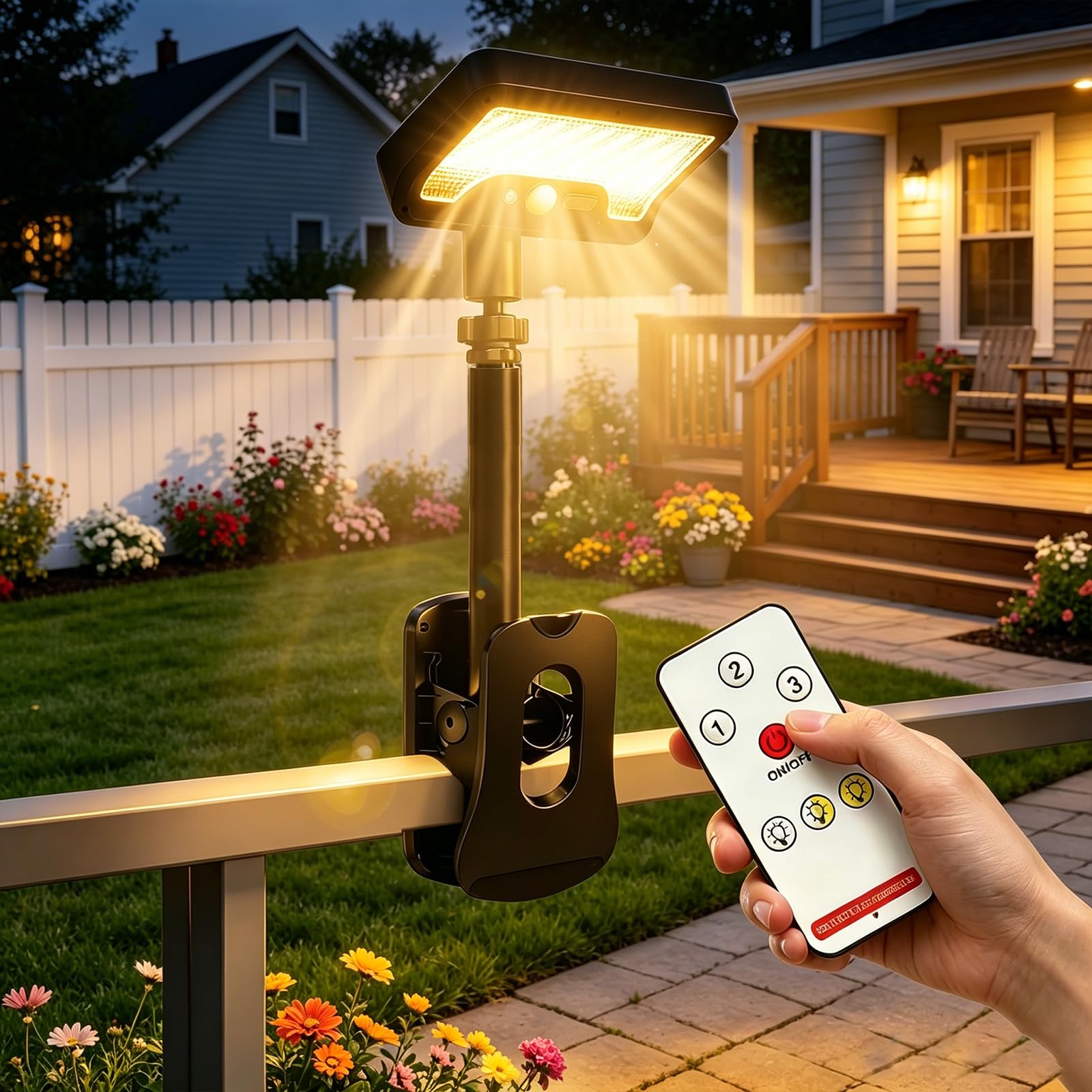 Clip On Solar Lights Outdoor with Motion Sensor, 360Rotatable Solar Fence Light with Remote, 3 Color Temperatures & 92 LEDs 600 