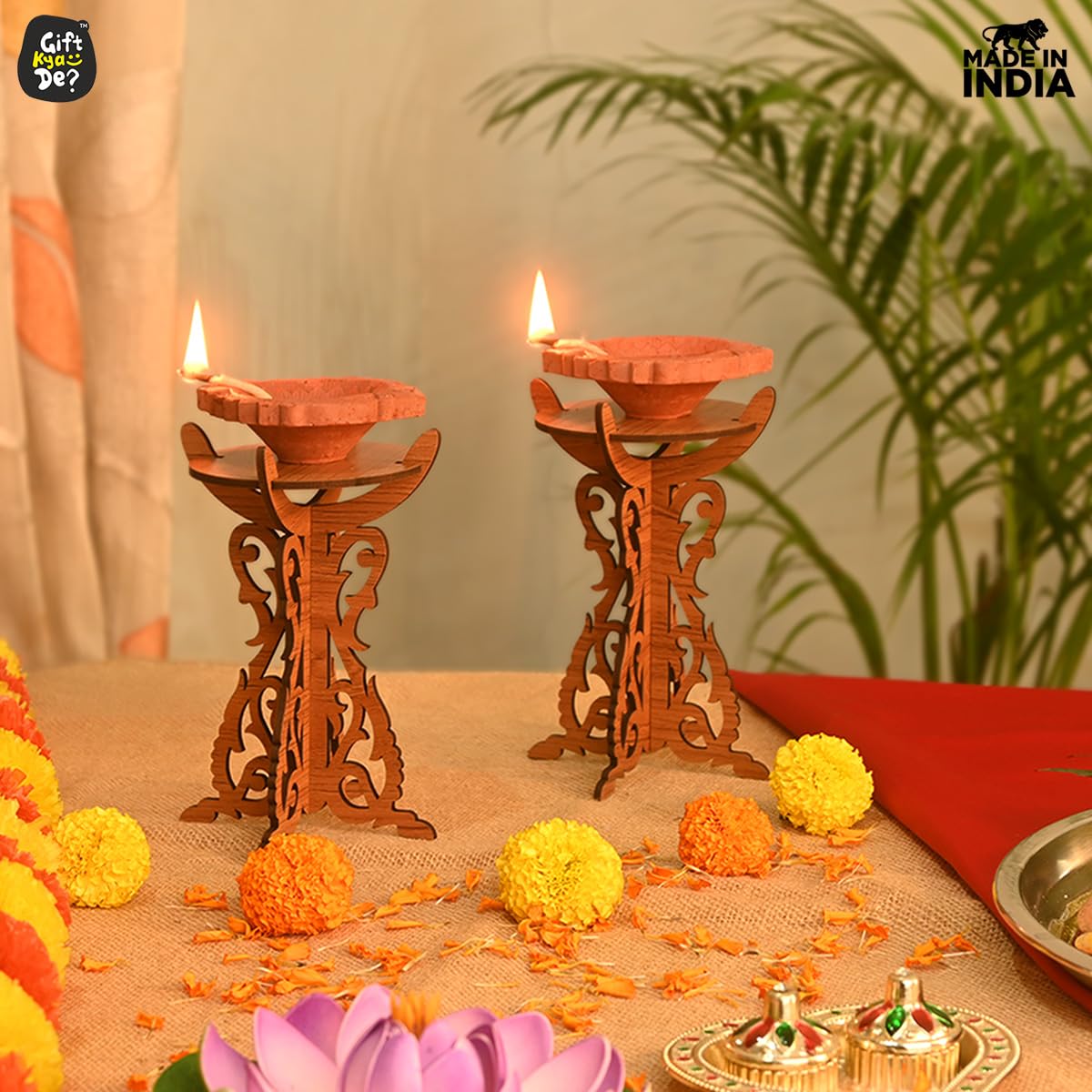 GKD Diya Stand Wooden Traditional Deepam Stand Hand Crafted Diya Set for Pooja Decoration Items Candle Lanterns Diwali Decoratio