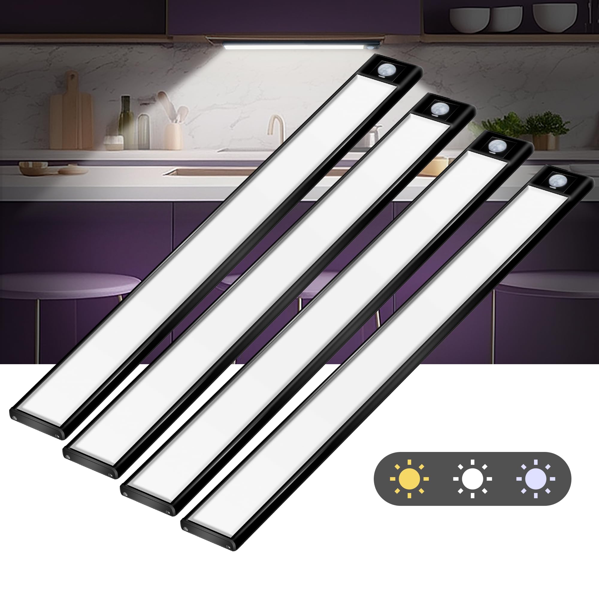 Colijoy 69 Led Under Cabinet Lights 4 Packs, 3 Color Dimmable Motion Sensor Closet Lights, 3000Mah Rechargeable Under Counter Lights, Wireless Battery Operated Lights Indoor