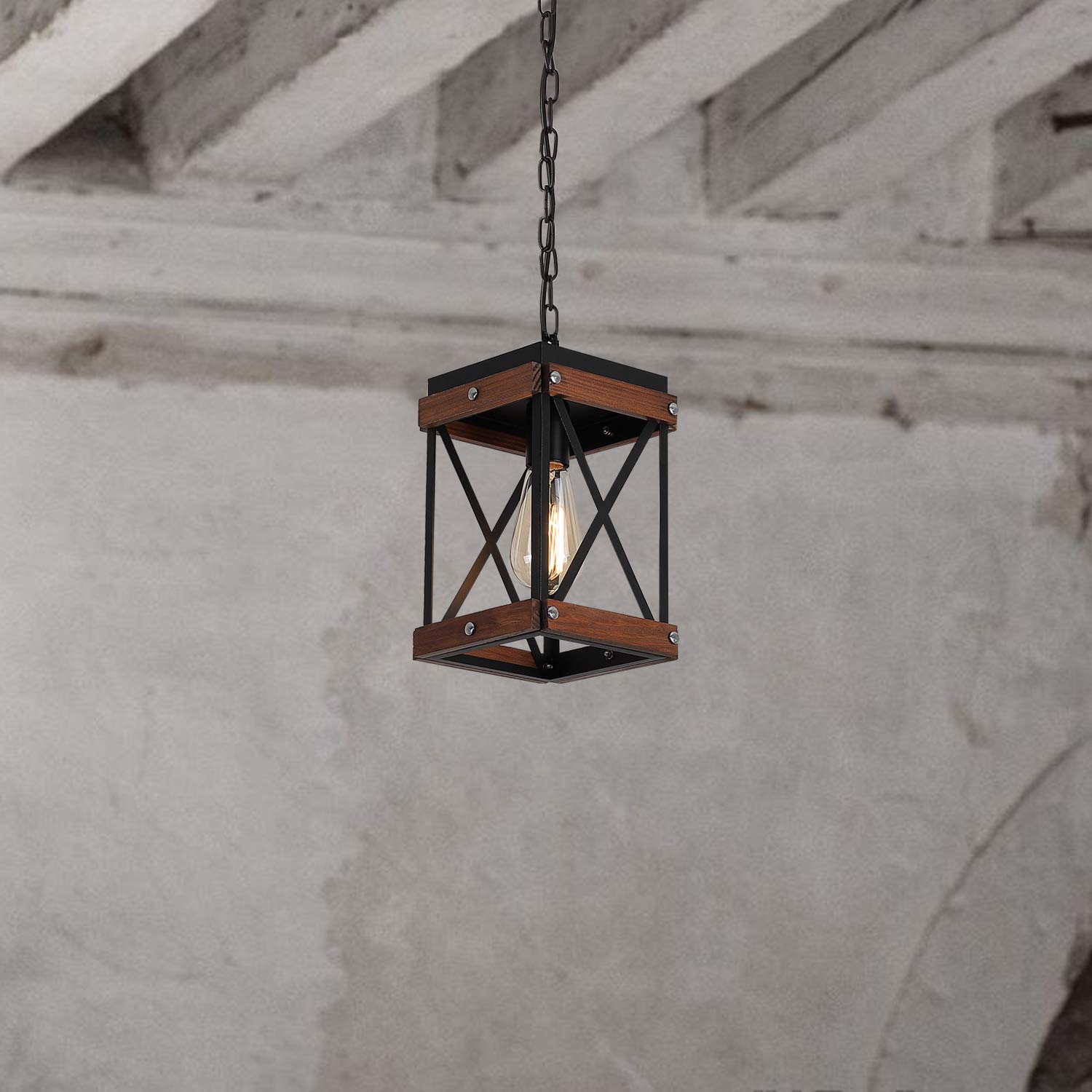 Fivess Lighting Rustic Farmhouse Plug-in Pendant Light, Black, 15ft Cord, On/Off Switch, Wood & Metal, Small, Model FSS6103-2P